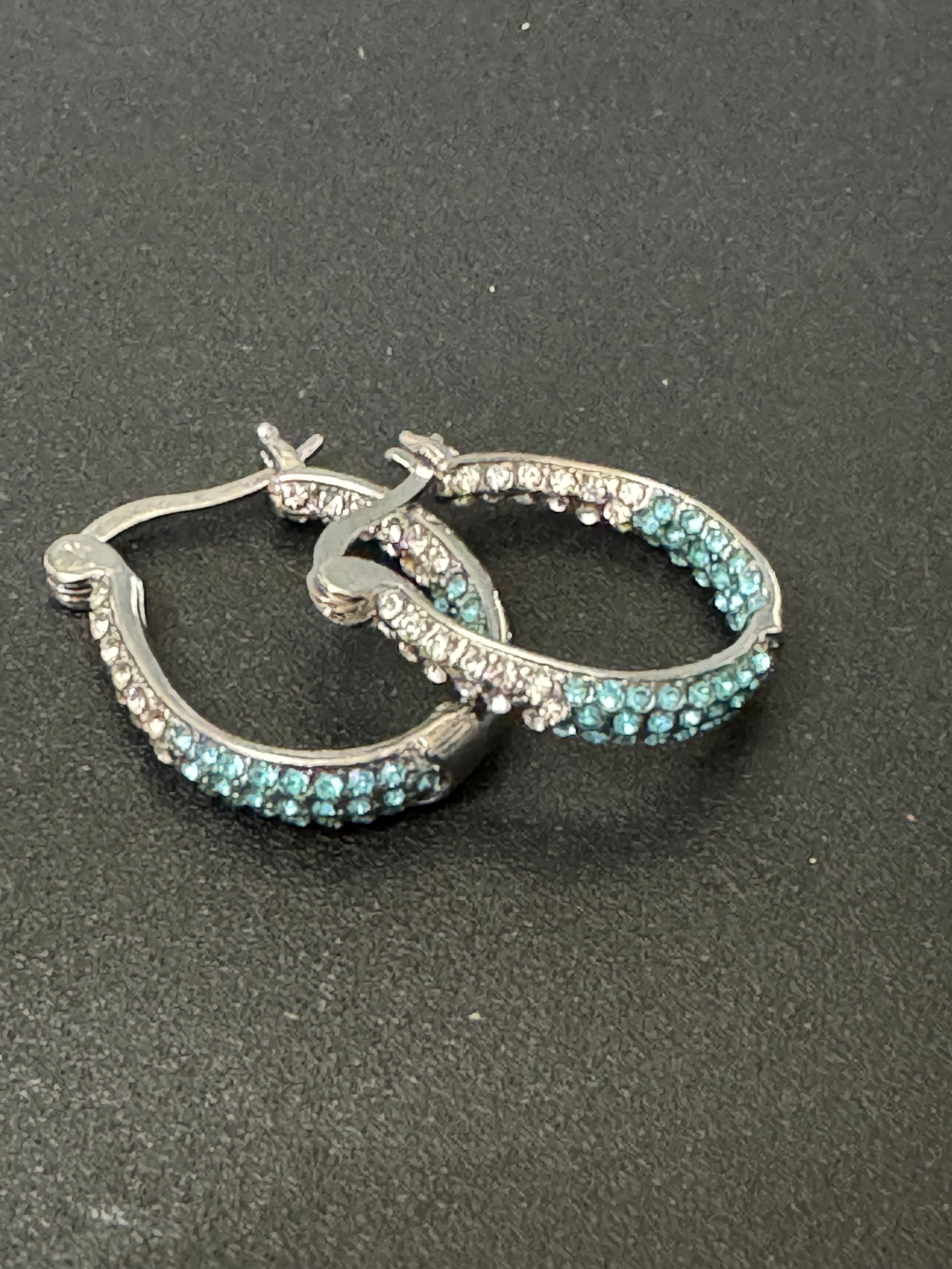 Turquoise blue & clear diamanté Crystal silver tone  small oval hoop earrings