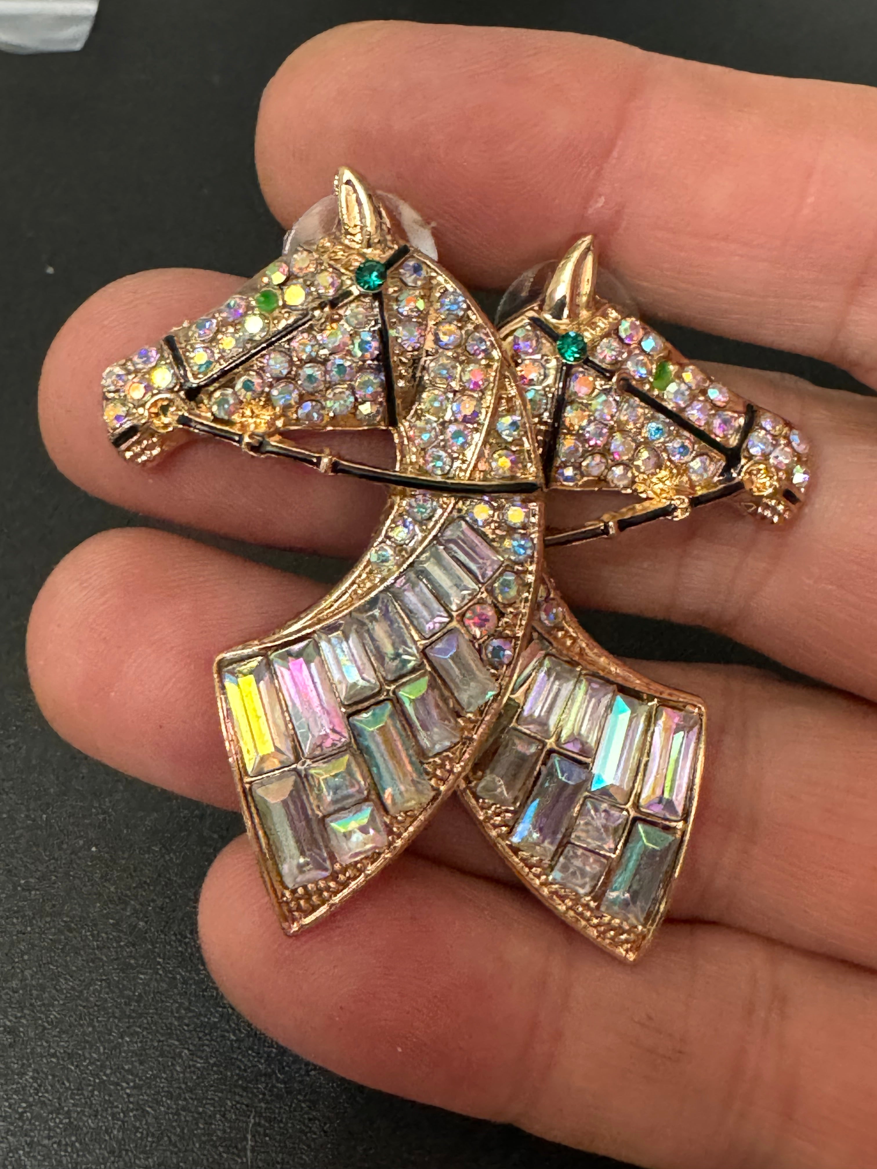 Oversized novelty horse head earrings clear rainbow crystal baguette diamanté pierced studs