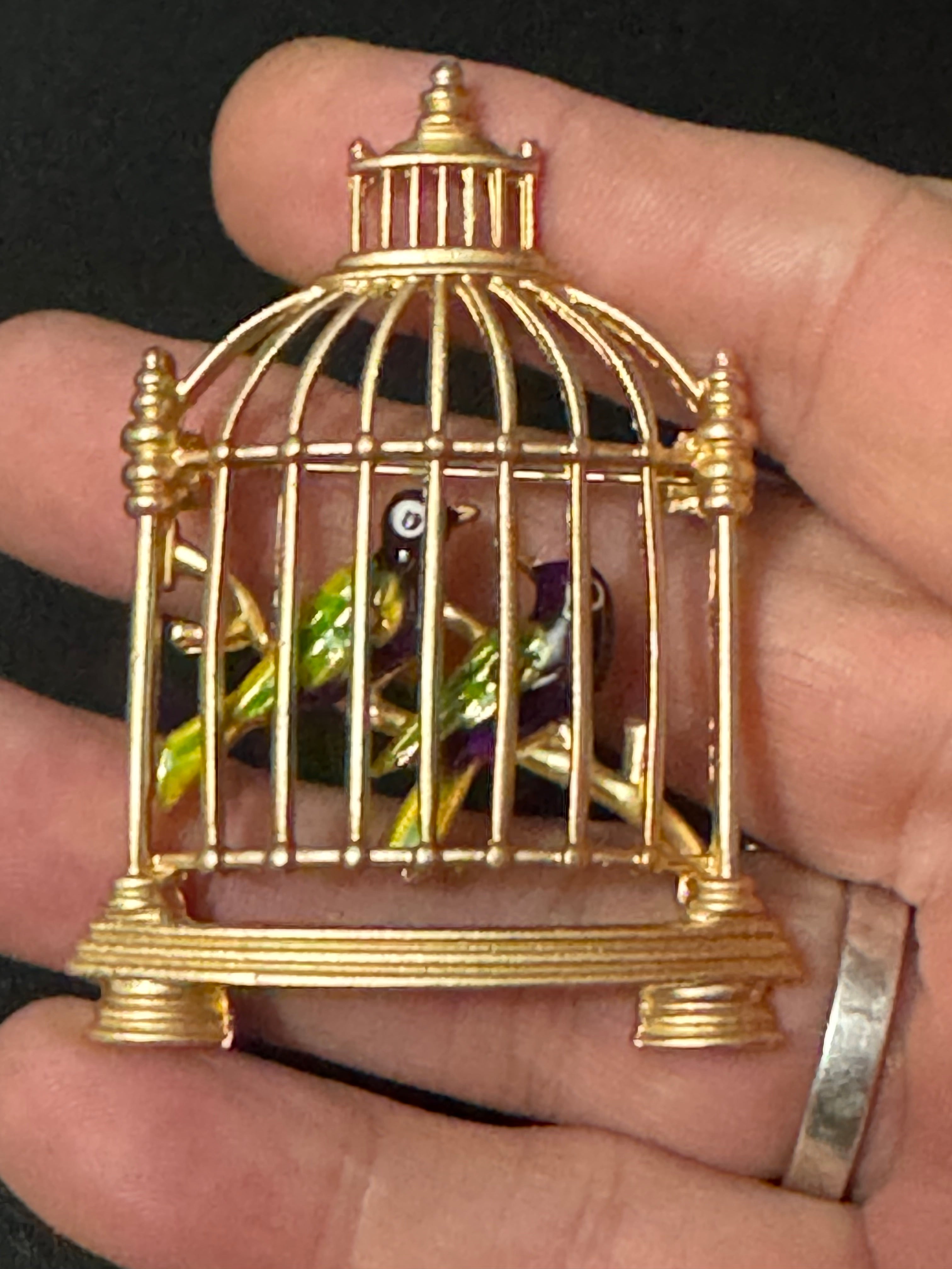Novelty Green enamel birds in a cage gold tone large brooch