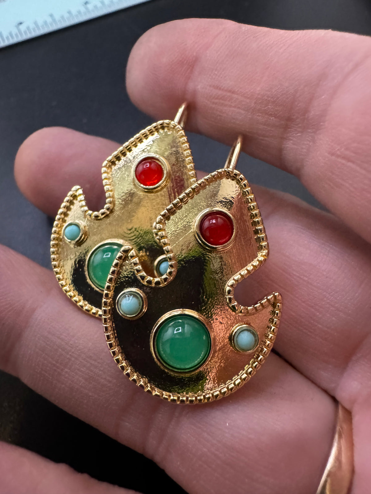 Etruscan style red and green cabochon drop earrings for pierced ears