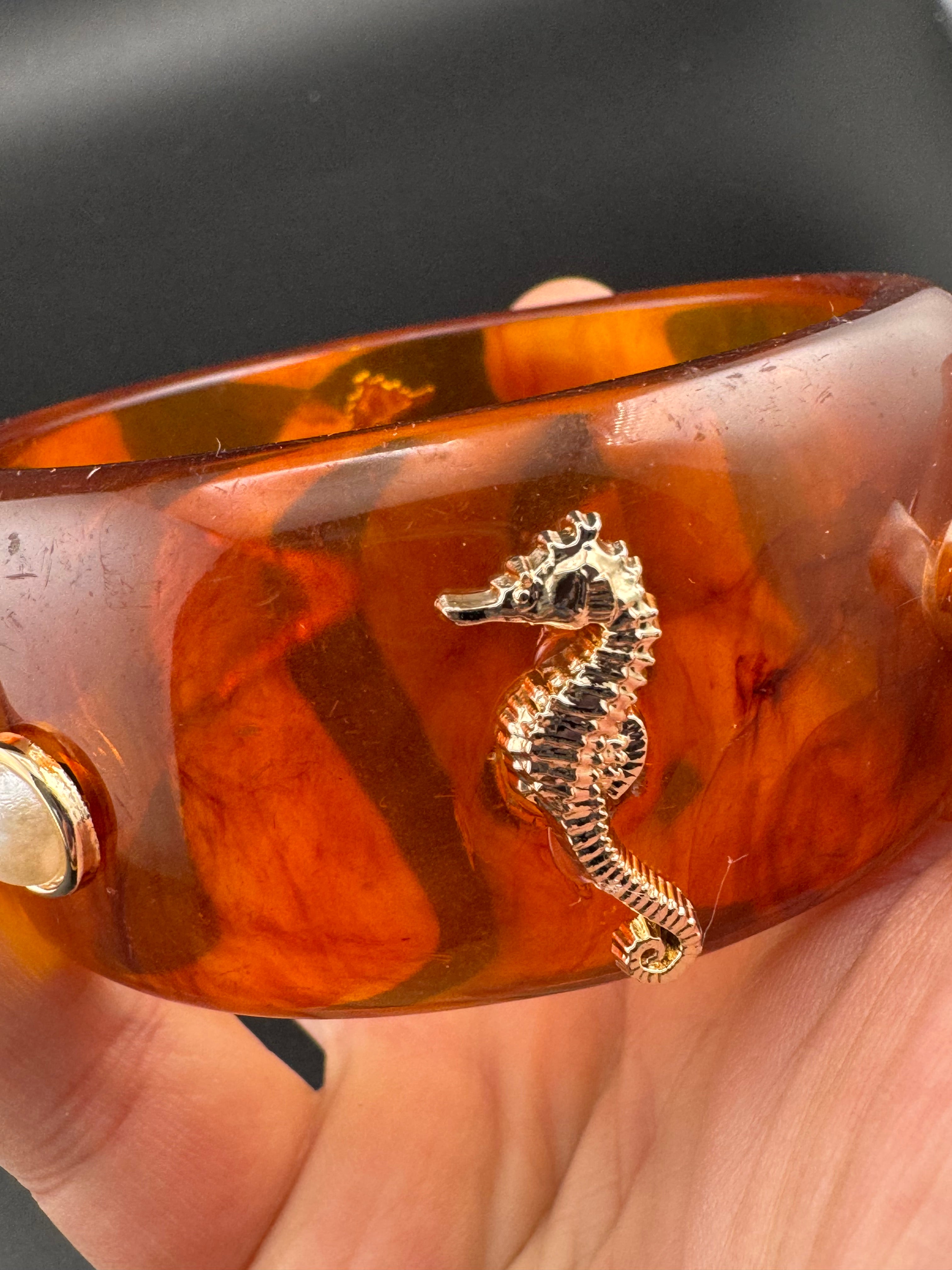 Nautical gold seahorse faux tortoiseshell wide brown acrylic pearl plastic bangle bracelet