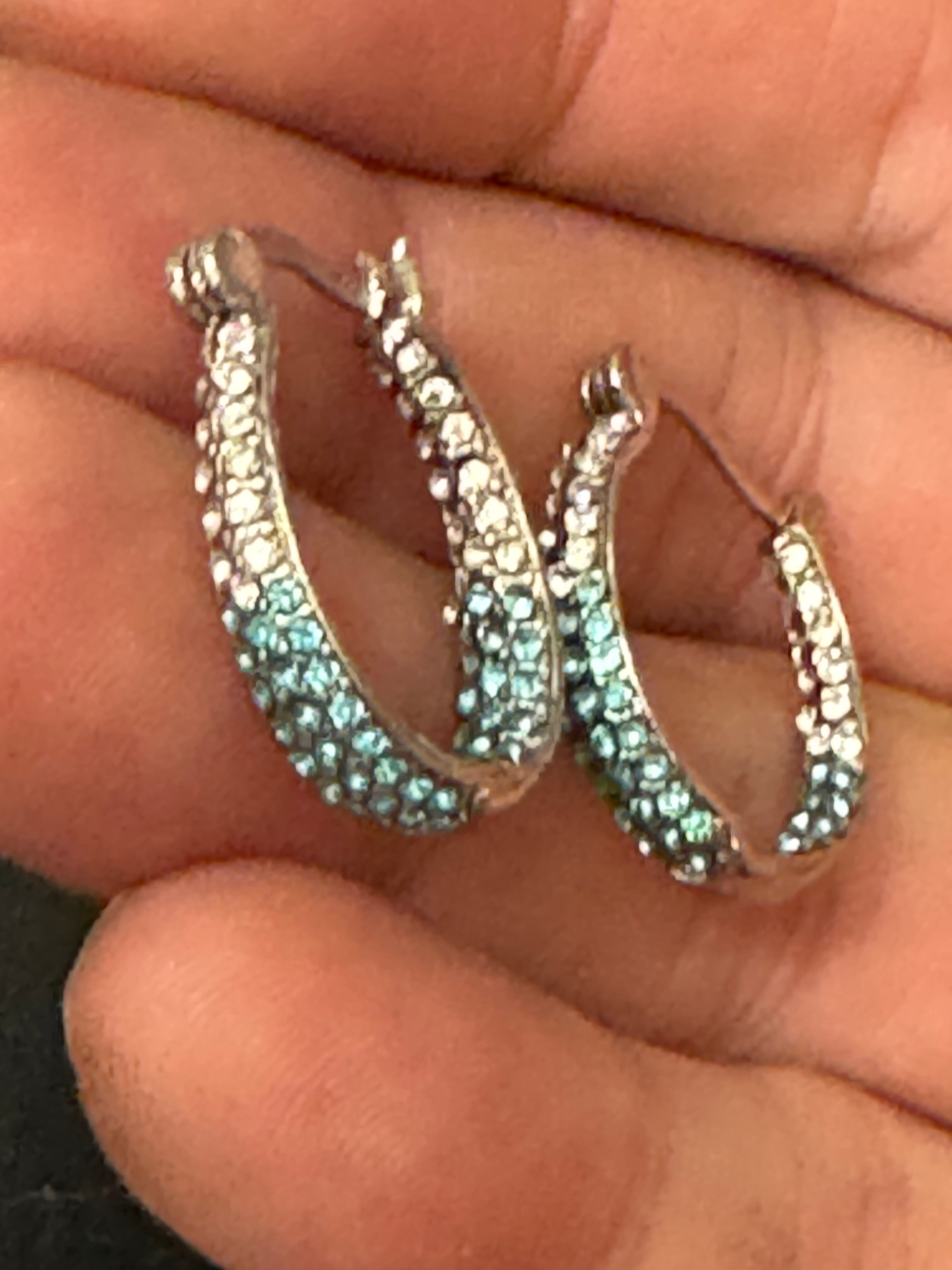 Turquoise blue & clear diamanté Crystal silver tone  small oval hoop earrings