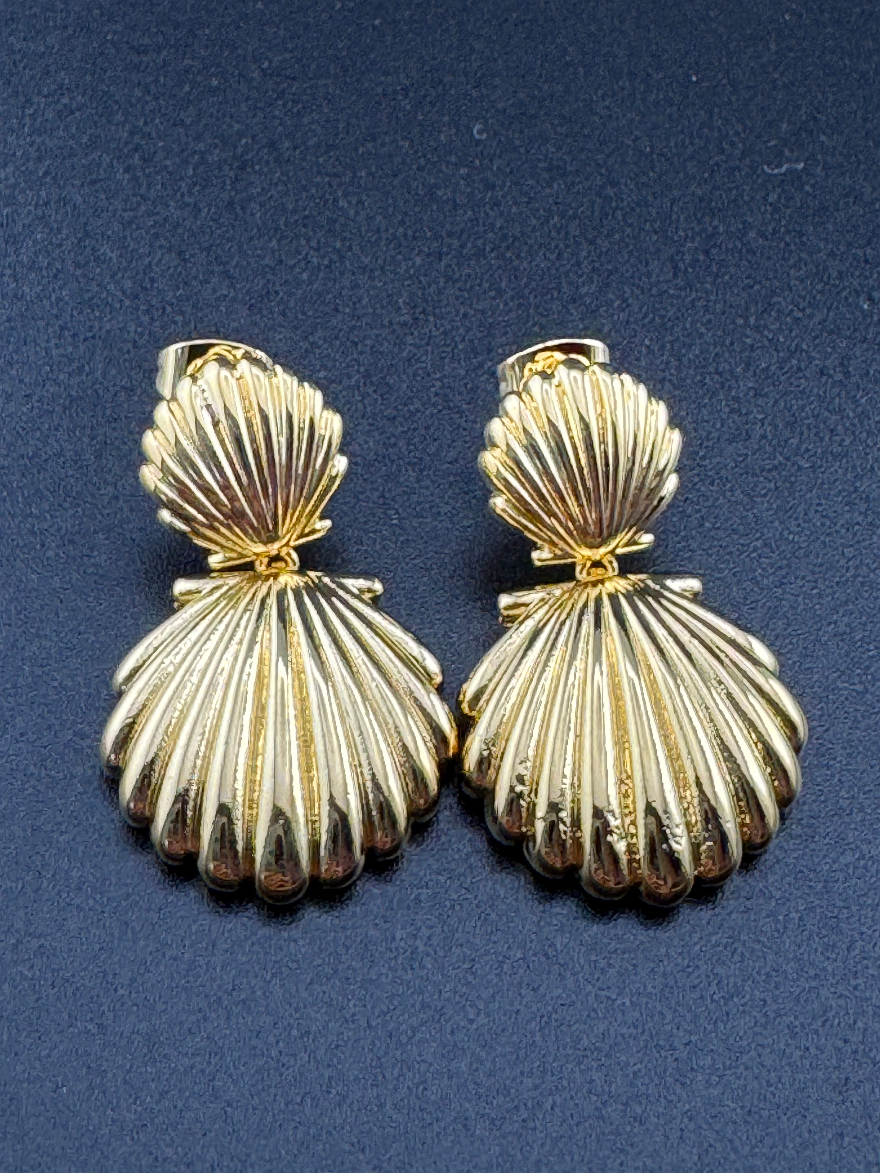 Nautical Gold seashell drop earrings , pierced door knocker hinged