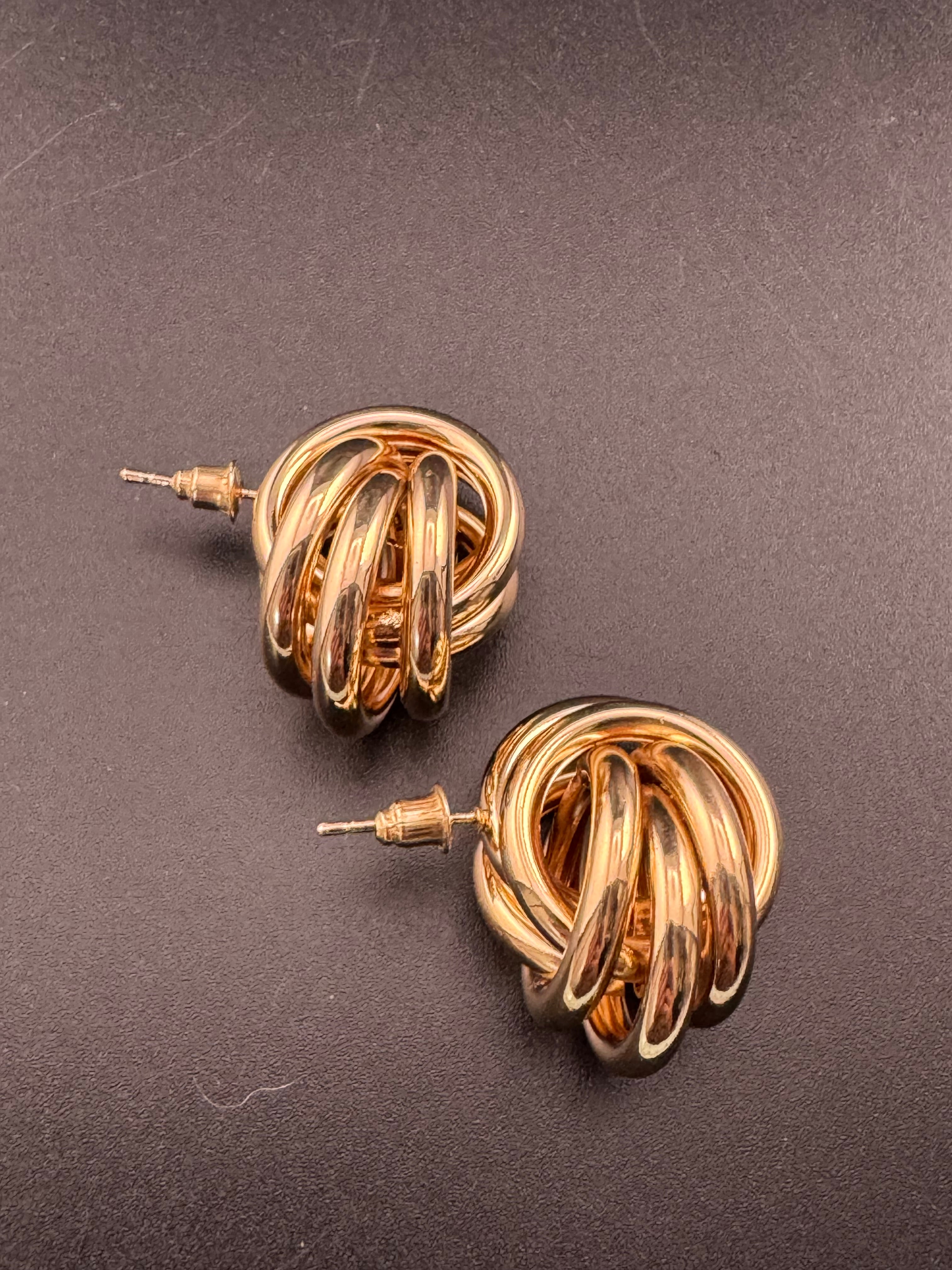 Gold tube double knot stud earrings
