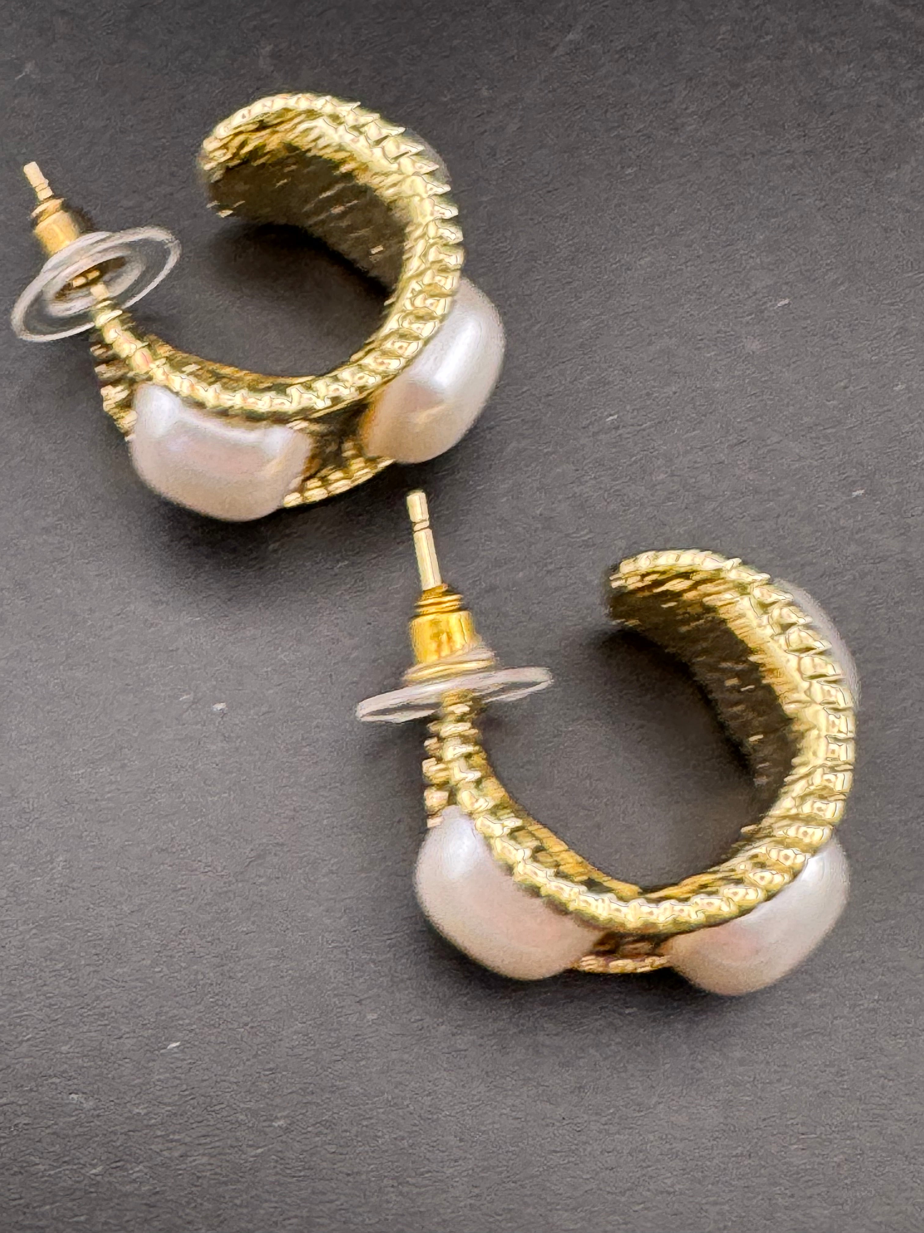 Etruscan style pearl wide hoop earrings