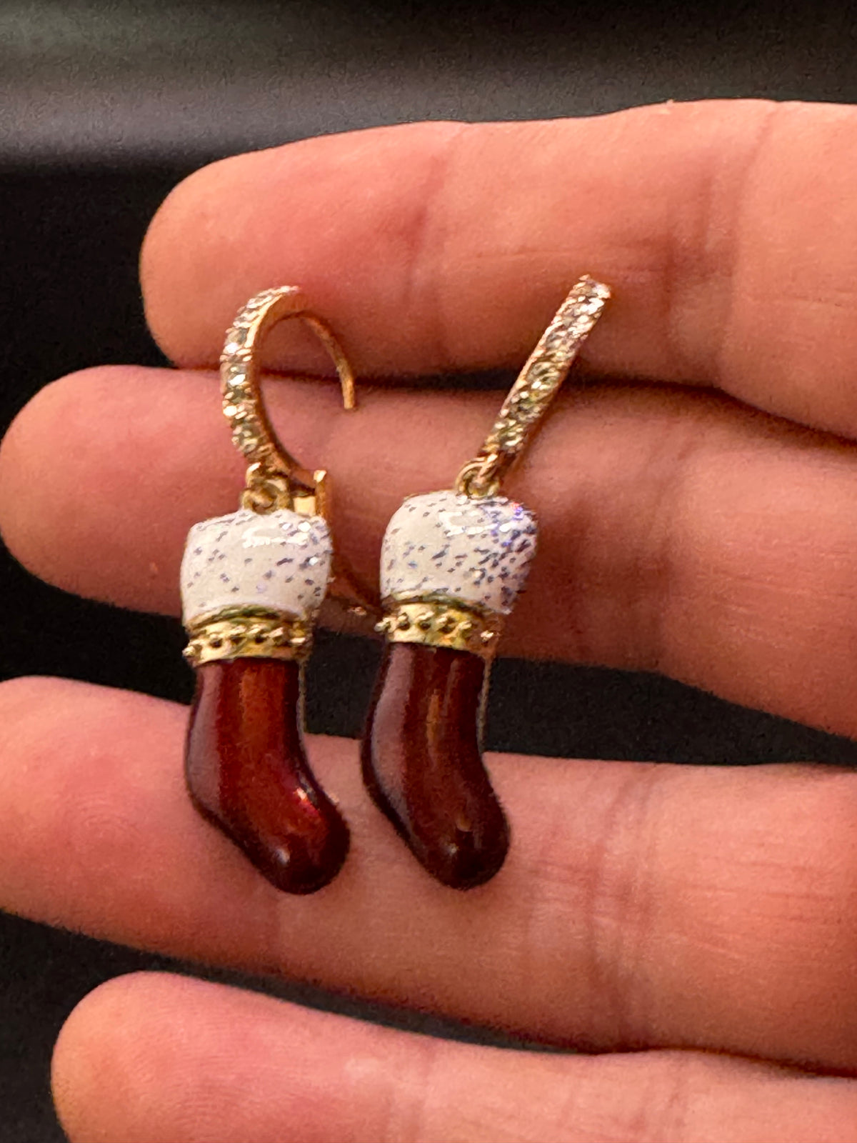Red enamel rhinestone Christmas stockings earrings, festive jewellery, gift for her