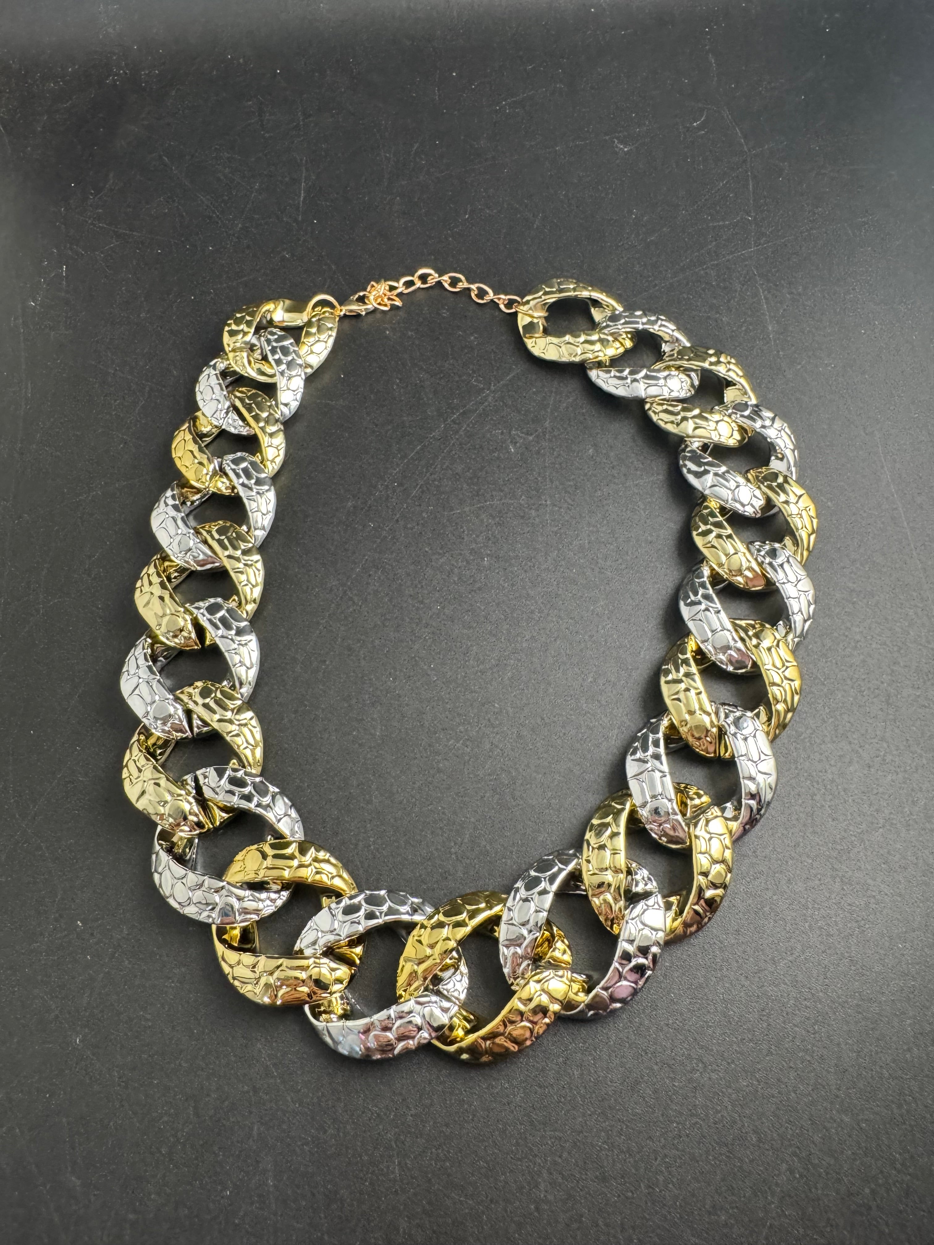 Chunky acrylic gold and silver curb link choker necklace, oversized jewellery