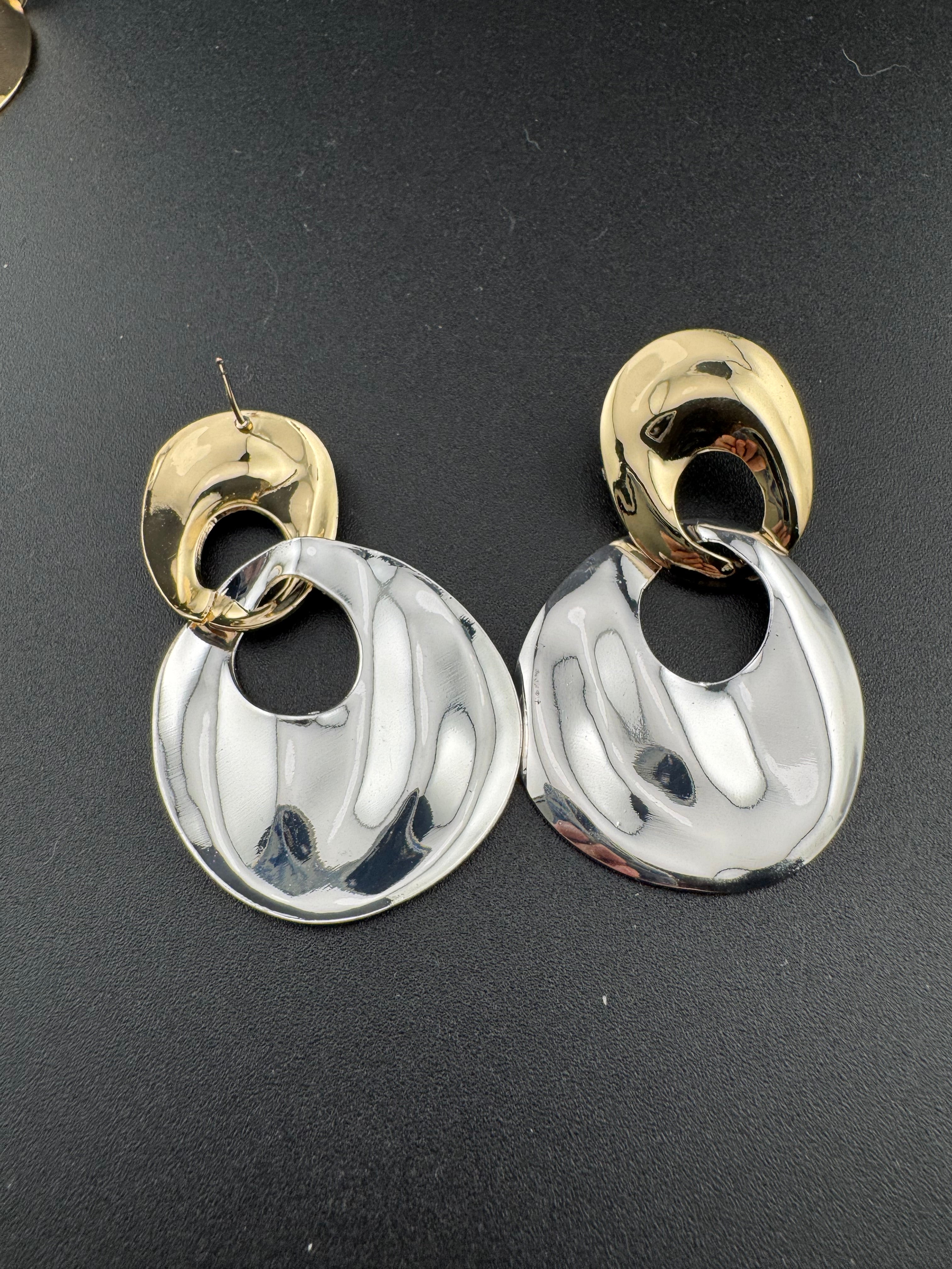 80s style silver and gold tone oversized door knocker clip on earrings