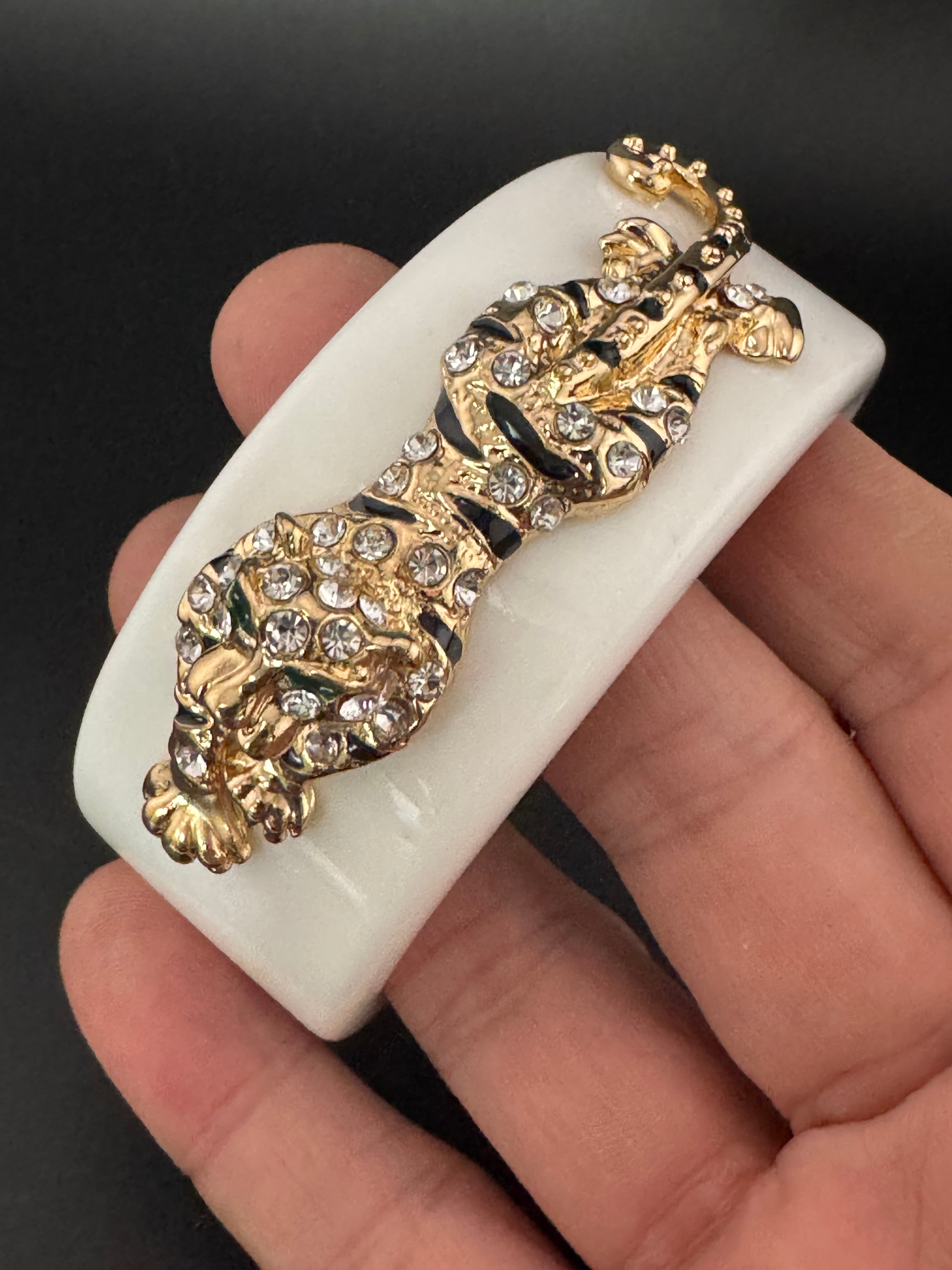 White acrylic big cat black enamel and clear crystal gold tone cuff bangle bracelet