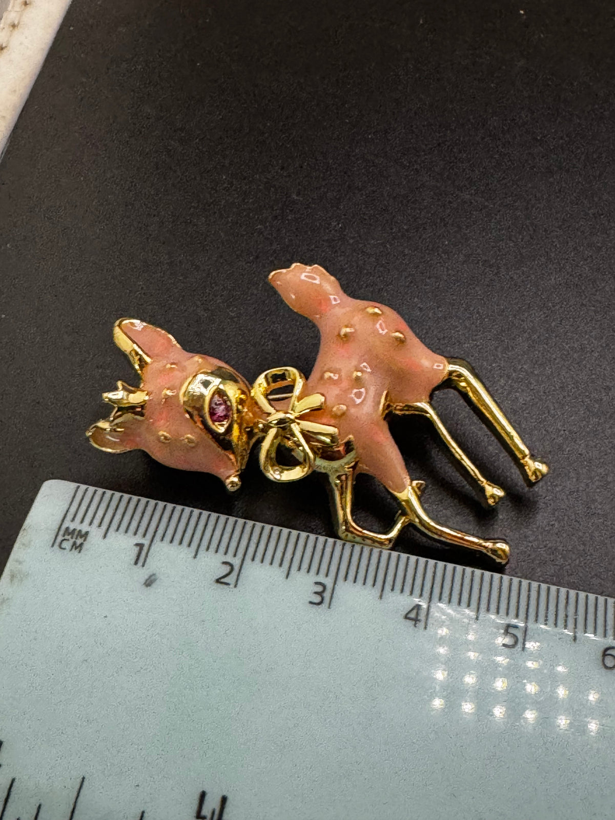 Pink enamel christmas reindeer brooch, gold tone , festive jewellery