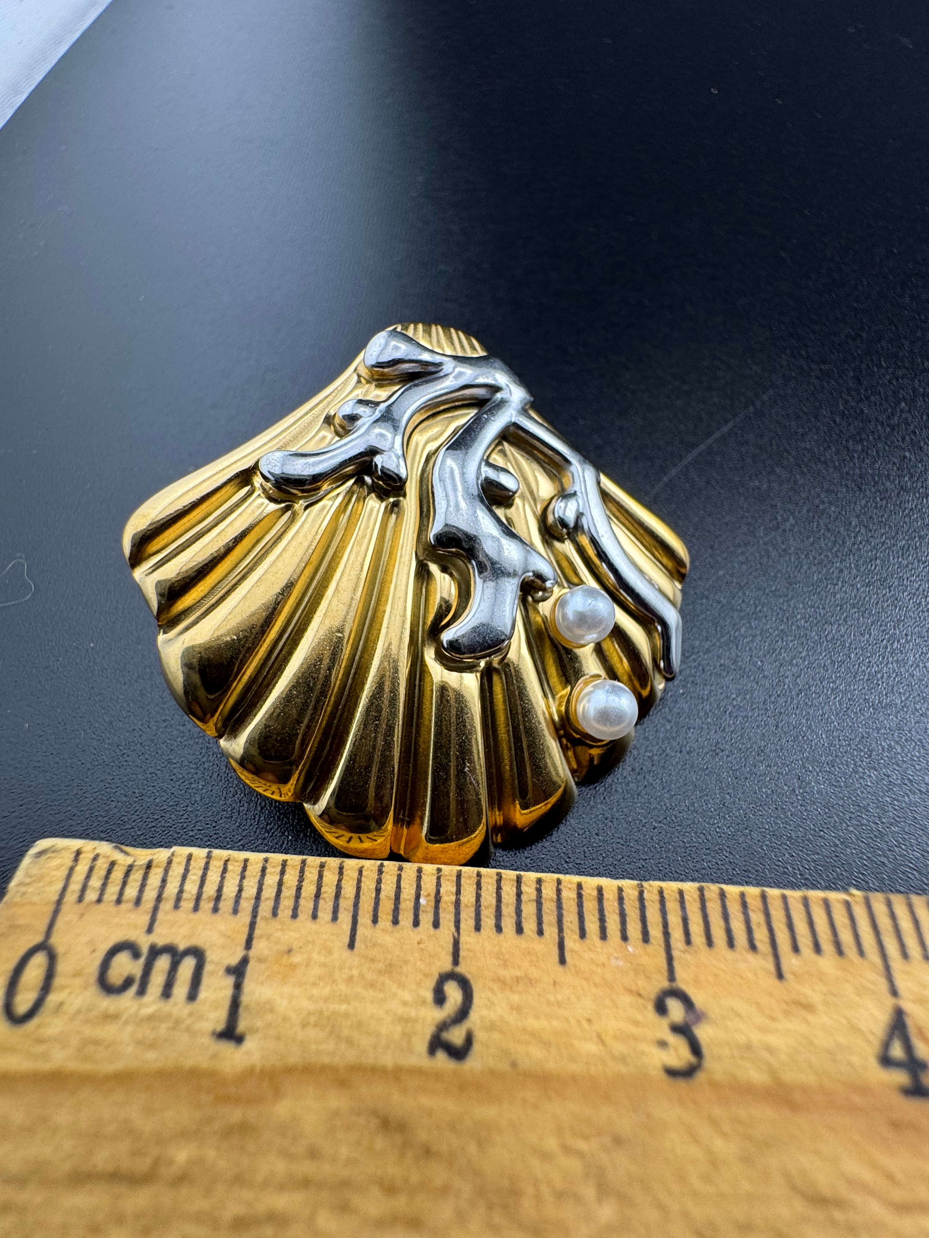 Nautical gold and silver-toned pearl seashell earrings,  pierced.