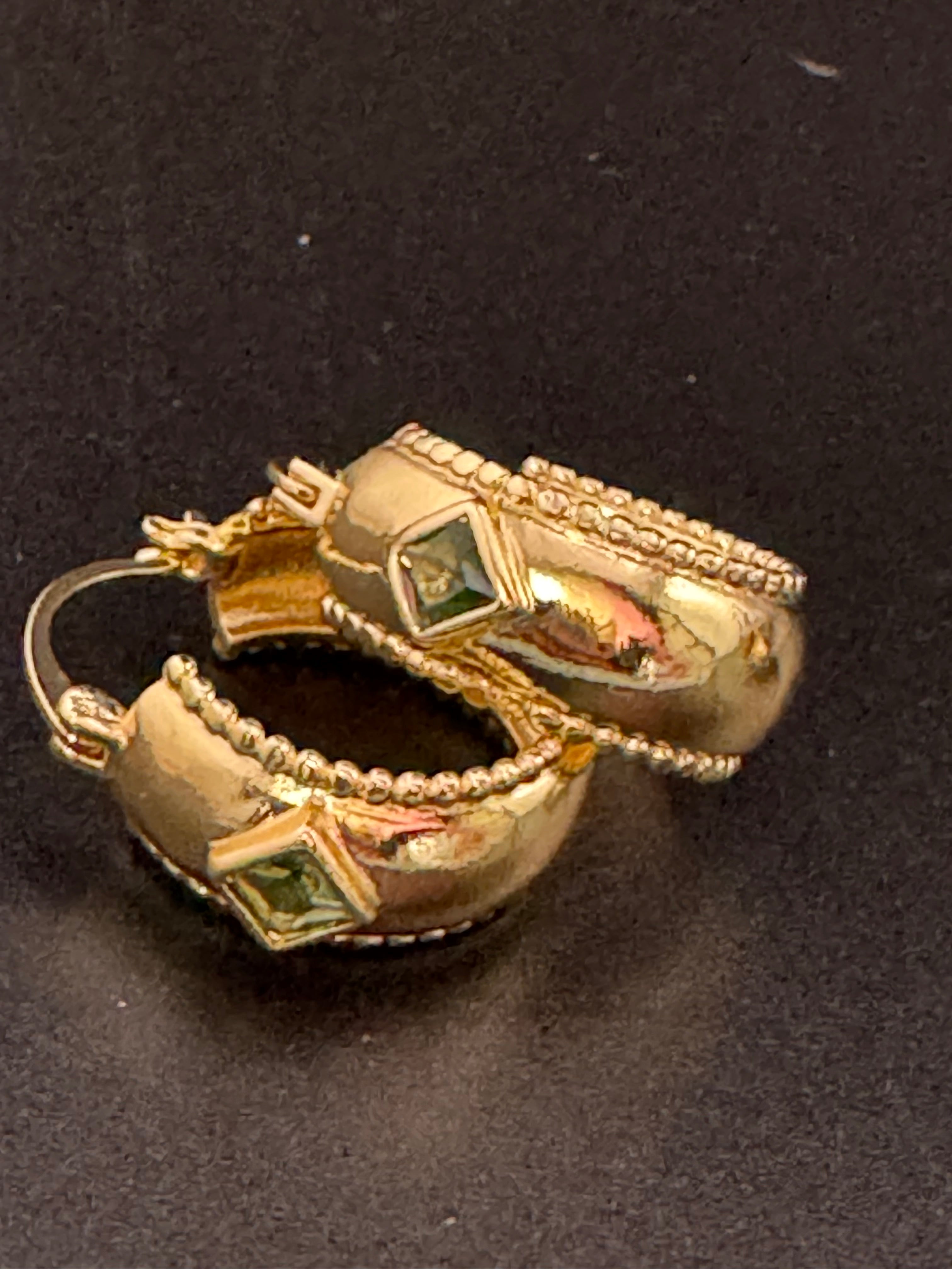 Wide crystal gold hoop earrings with pink emerald and tourmaline crystals