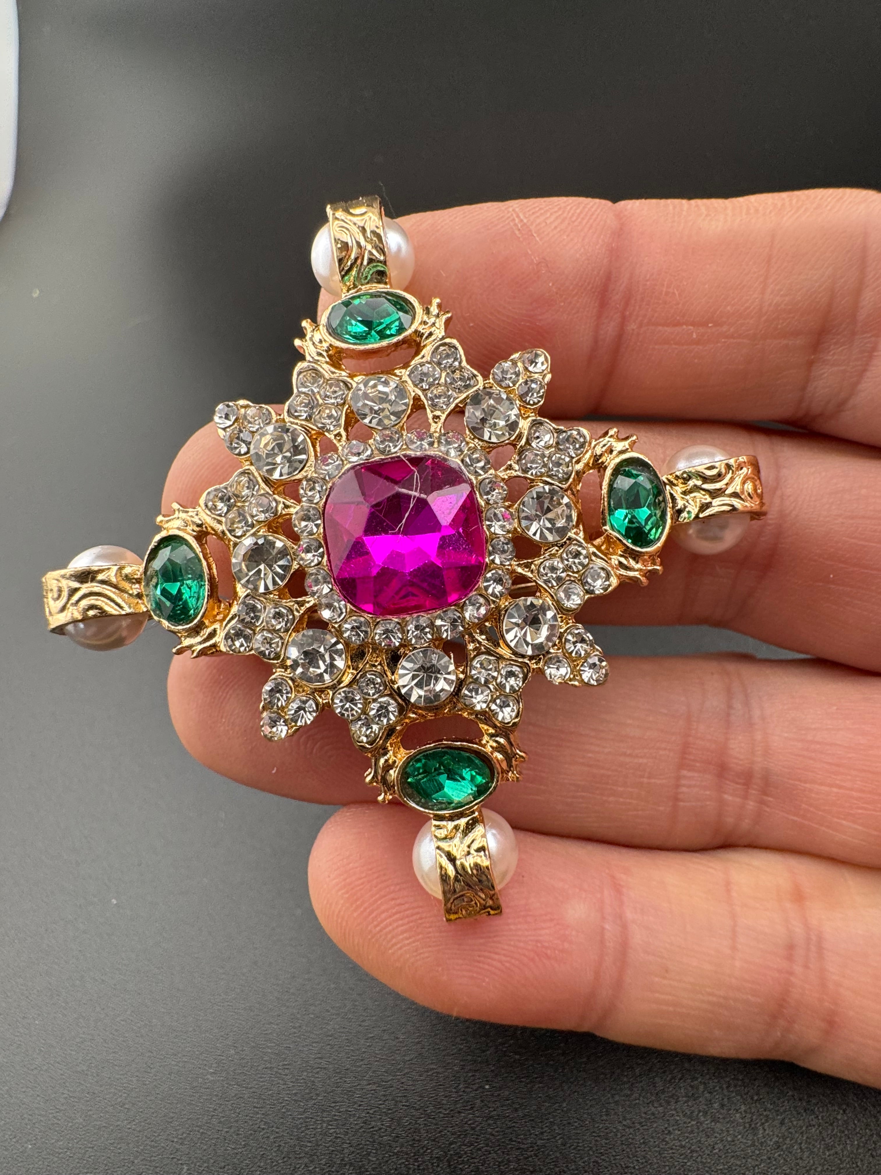 Statement Medieval style gold pink and green rhinestone cross brooch