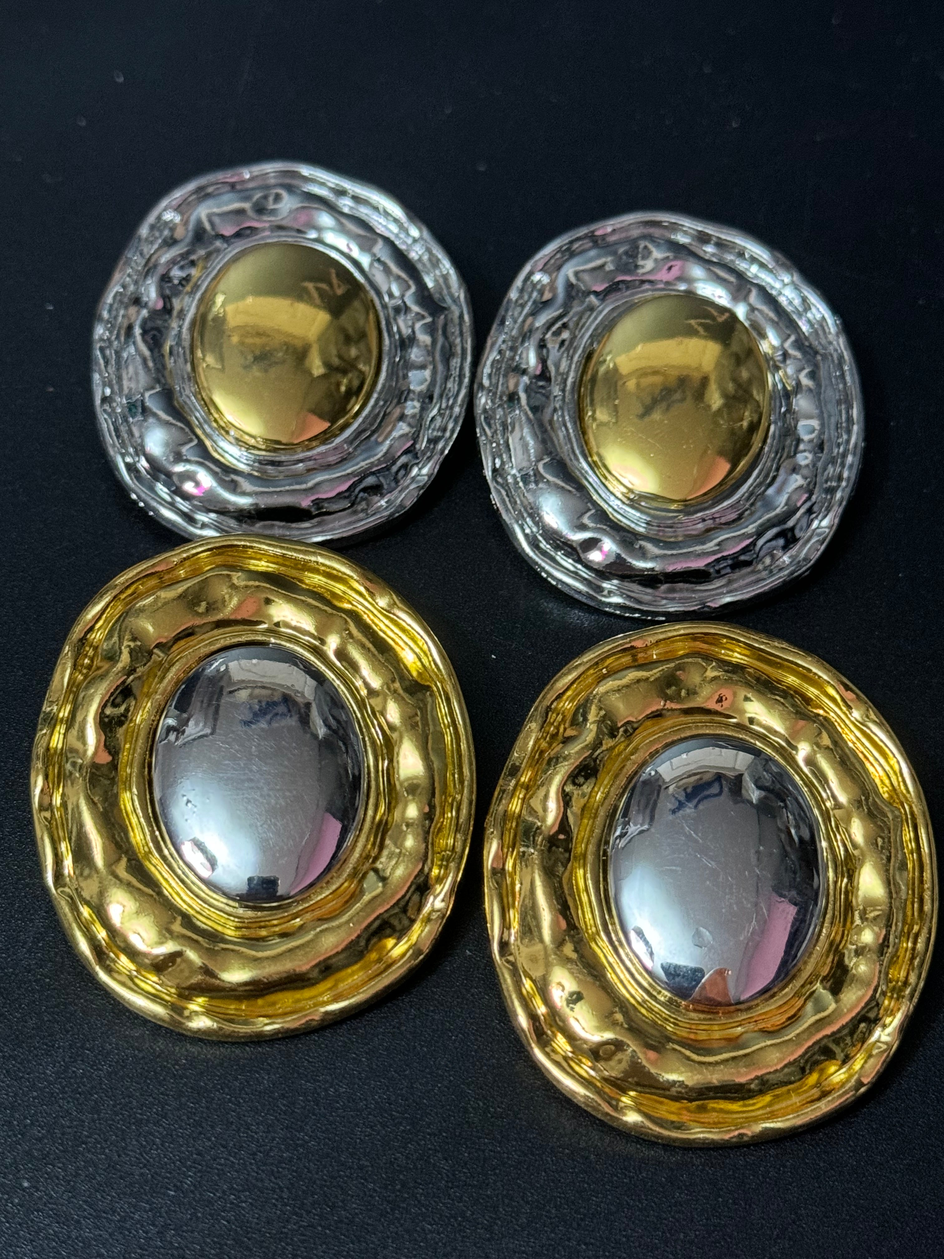 Oversized huge silver and gold tone statement Textured oval pierced stud earrings