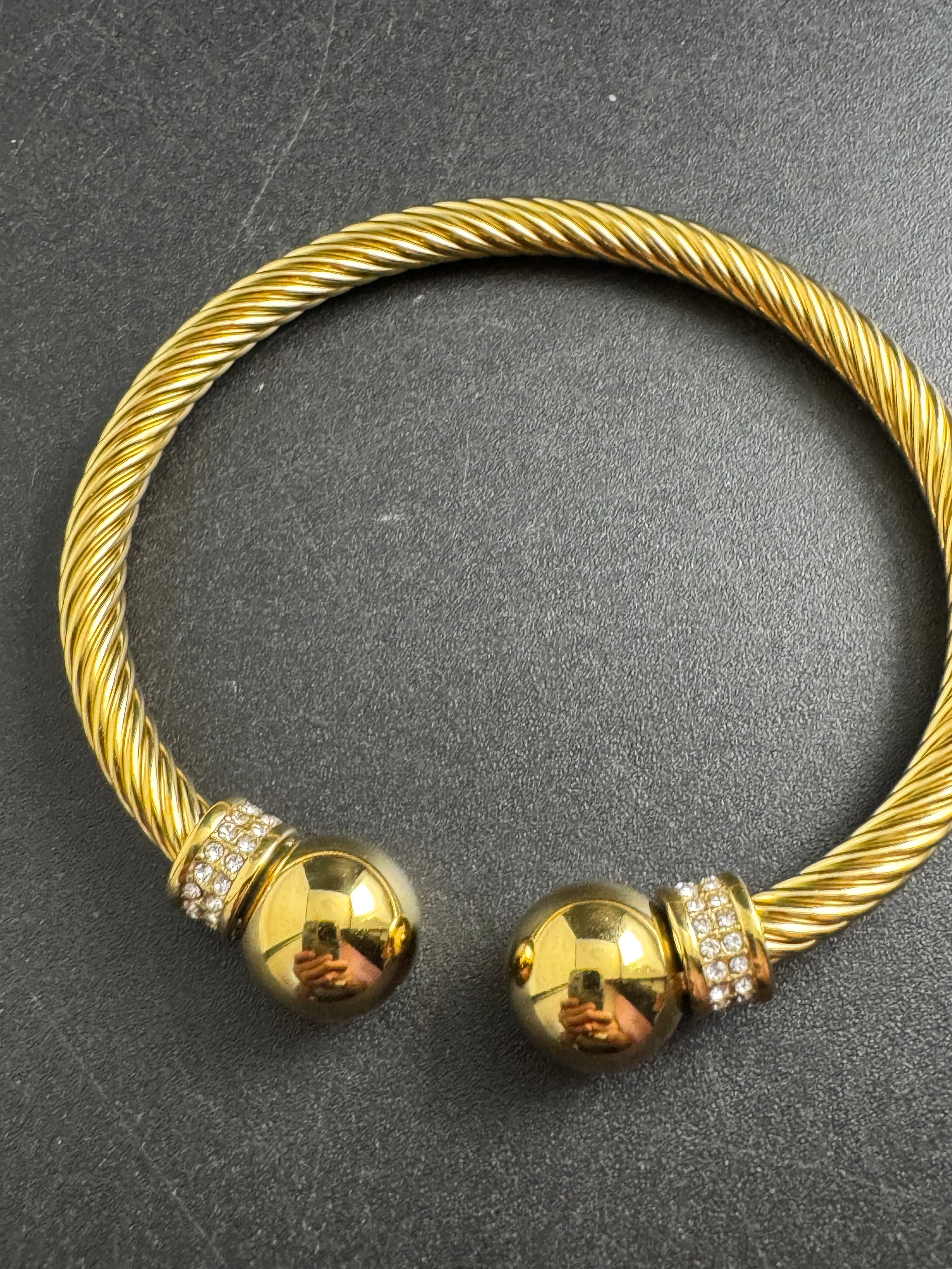 Etruscan style open twisted rhinestone torque cuff bangle gold tone
