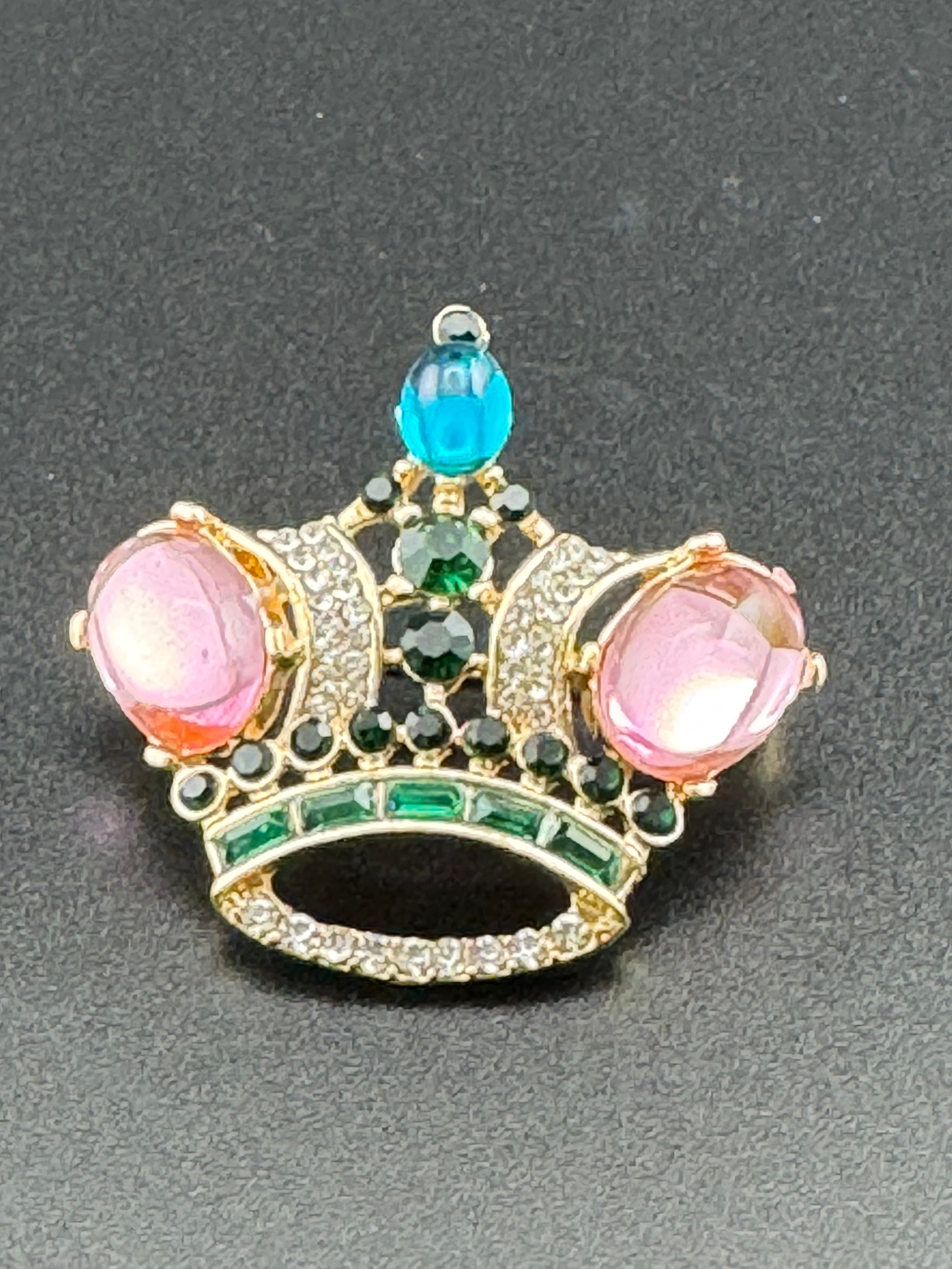 Royal crown brooch set with pink cabochons and coloured rhinestones