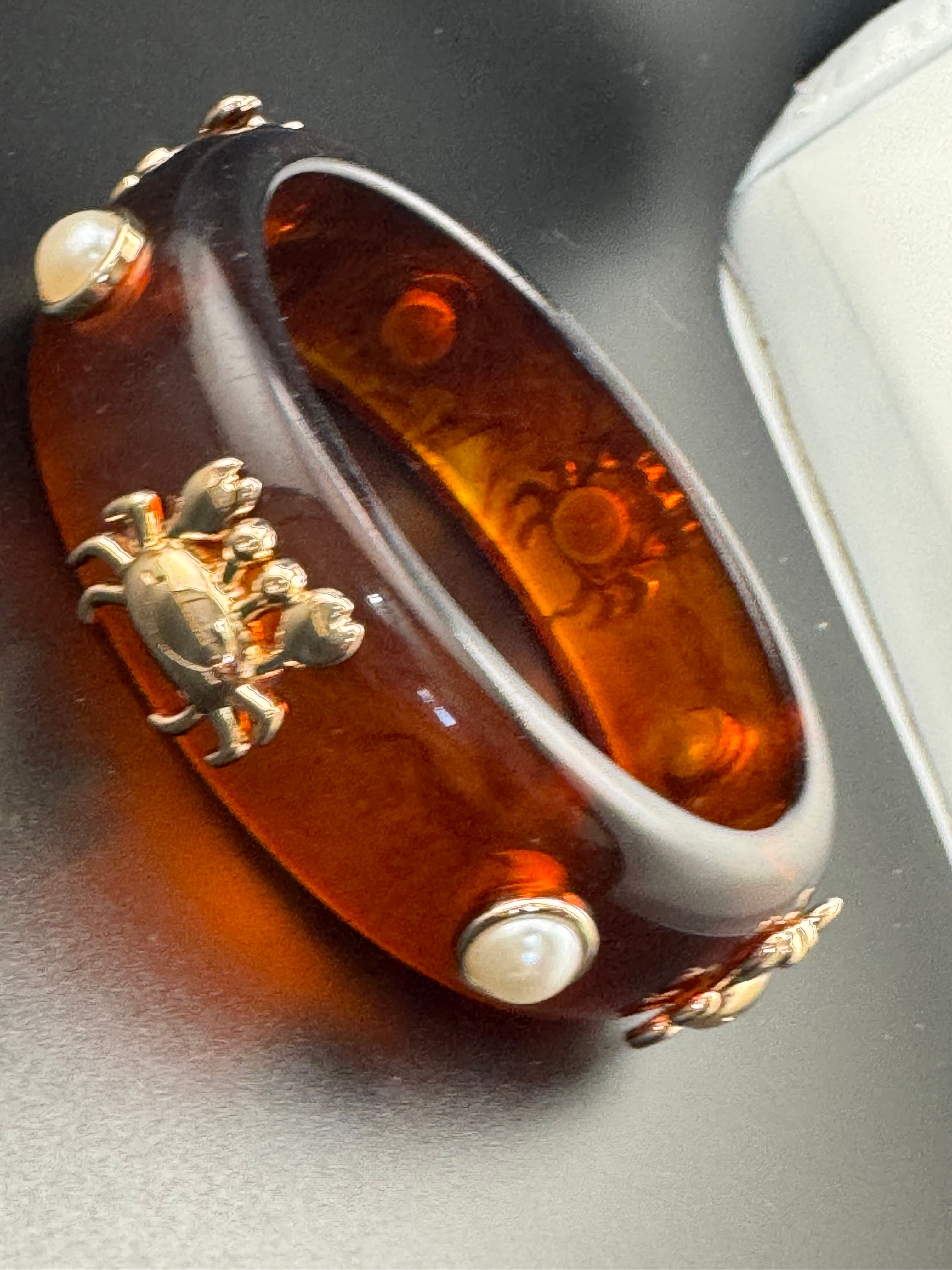 Nautical gold crab faux tortoiseshell wide brown acrylic pearl plastic bangle bracelet