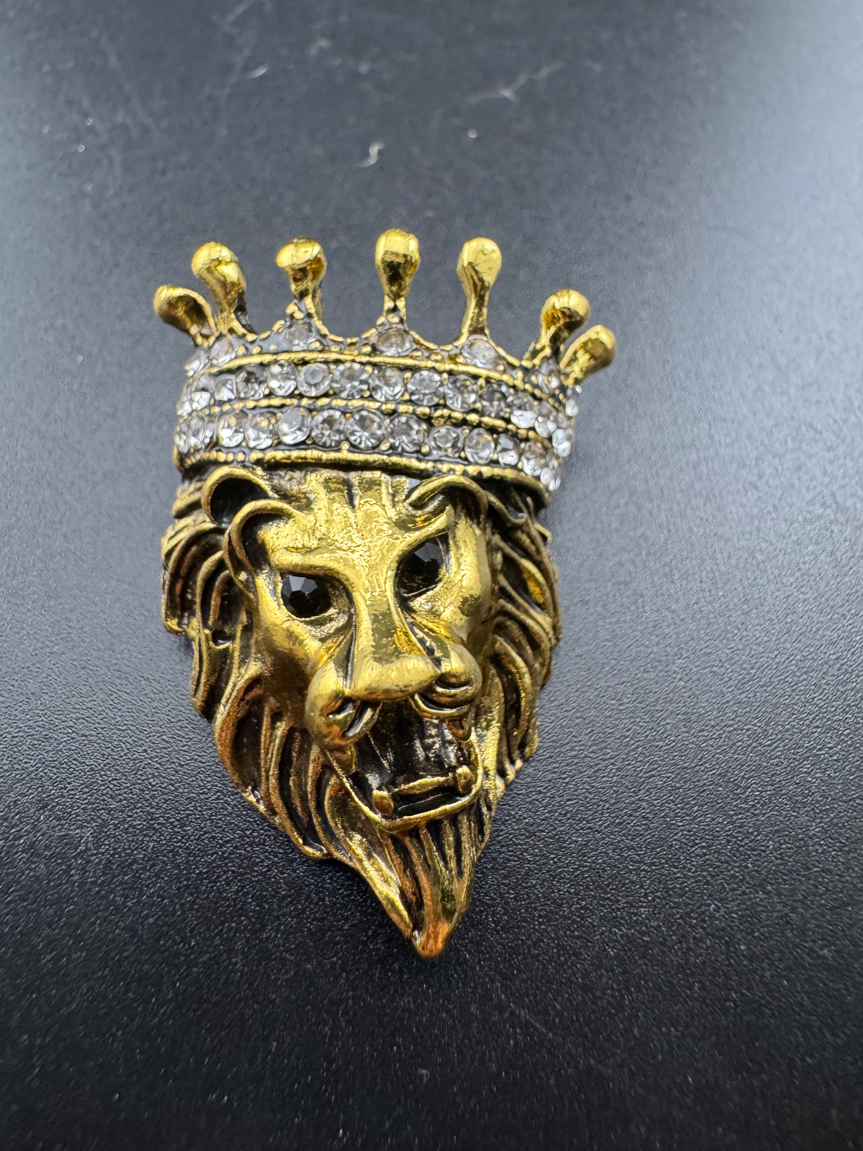 Crystal royal crown gold lion brooch, antique gold tone