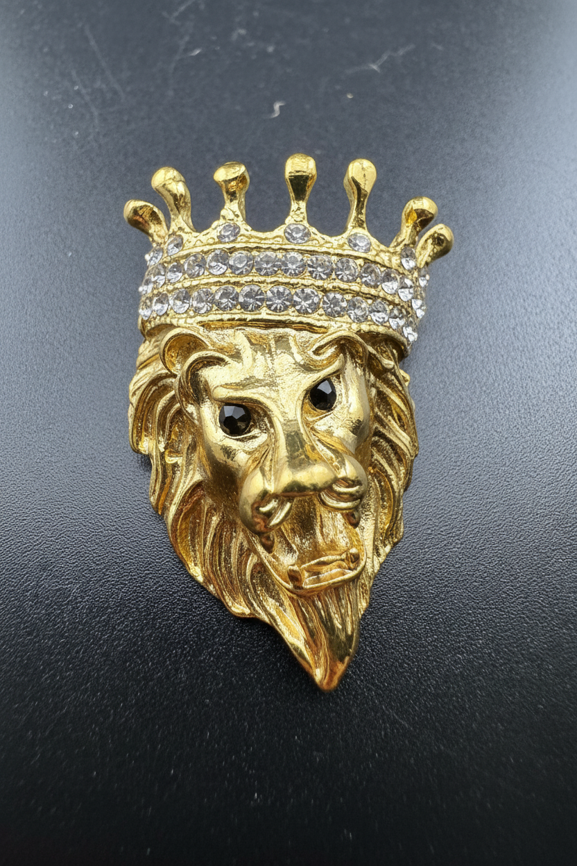 Crystal royal crown gold lion brooch, antique gold tone