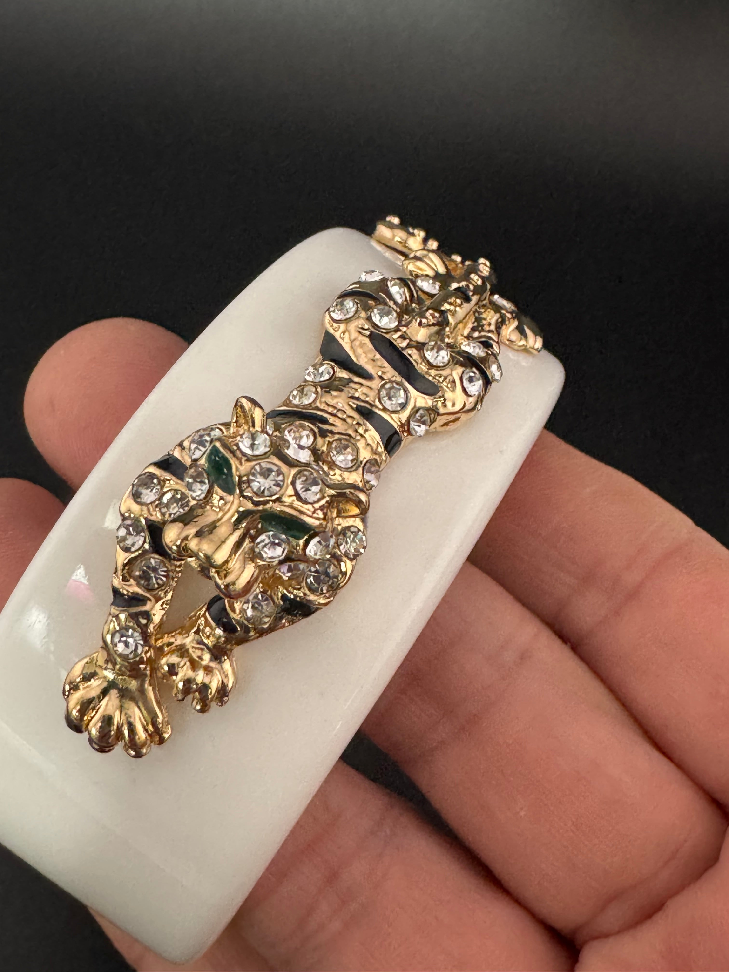 White acrylic big cat black enamel and clear crystal gold tone cuff bangle bracelet
