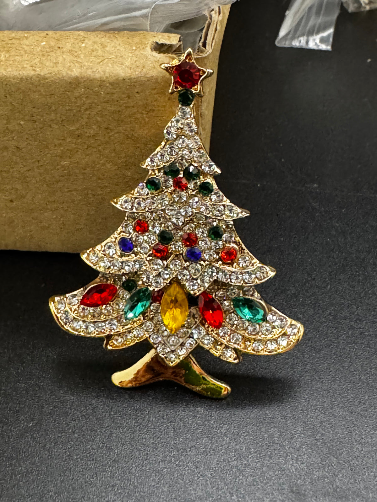 Coloured Rhinestone Christmas tree brooch, gold tone , festive jewellery