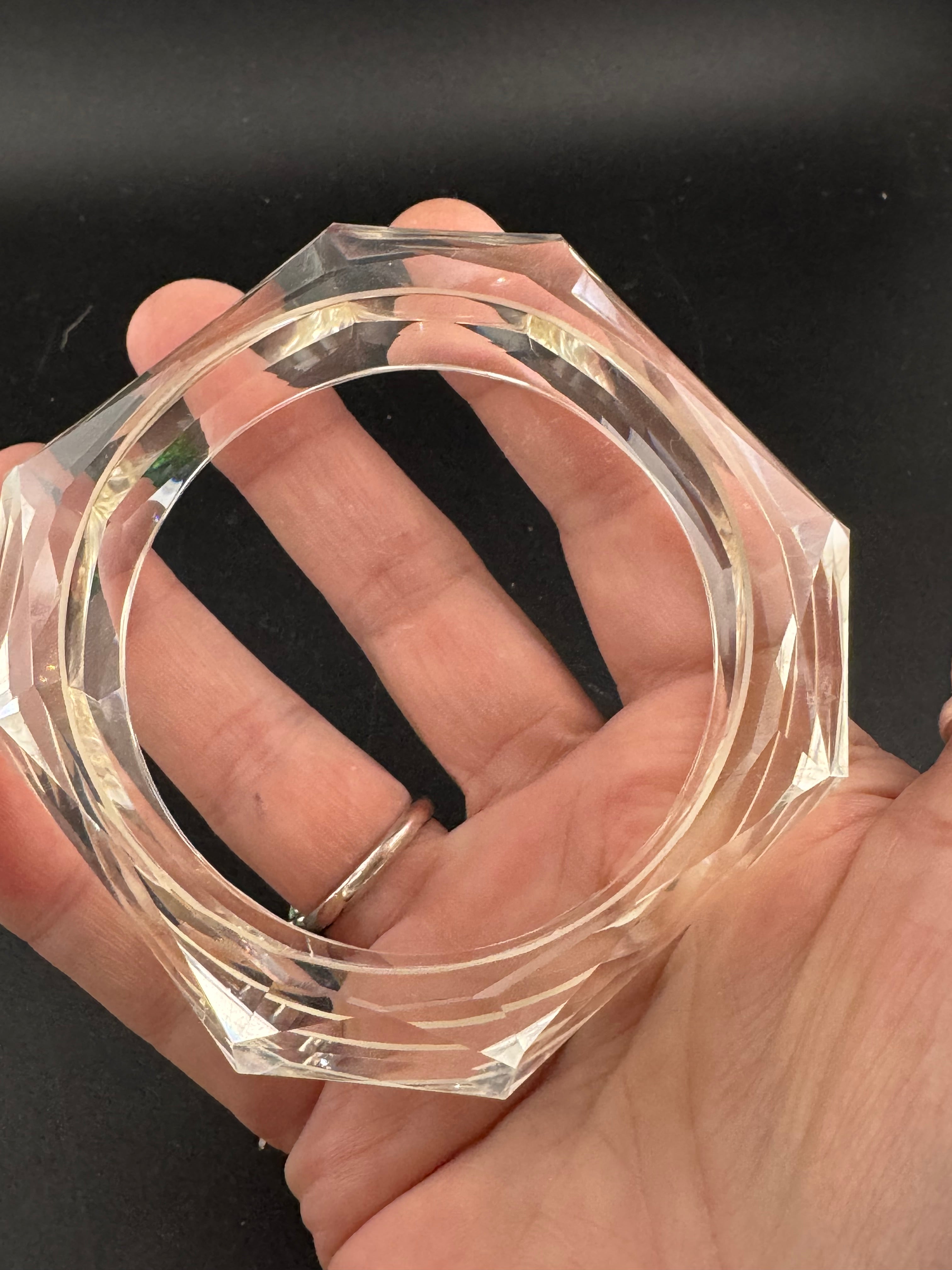 Chunky clear acrylic faceted wide fixed bangle