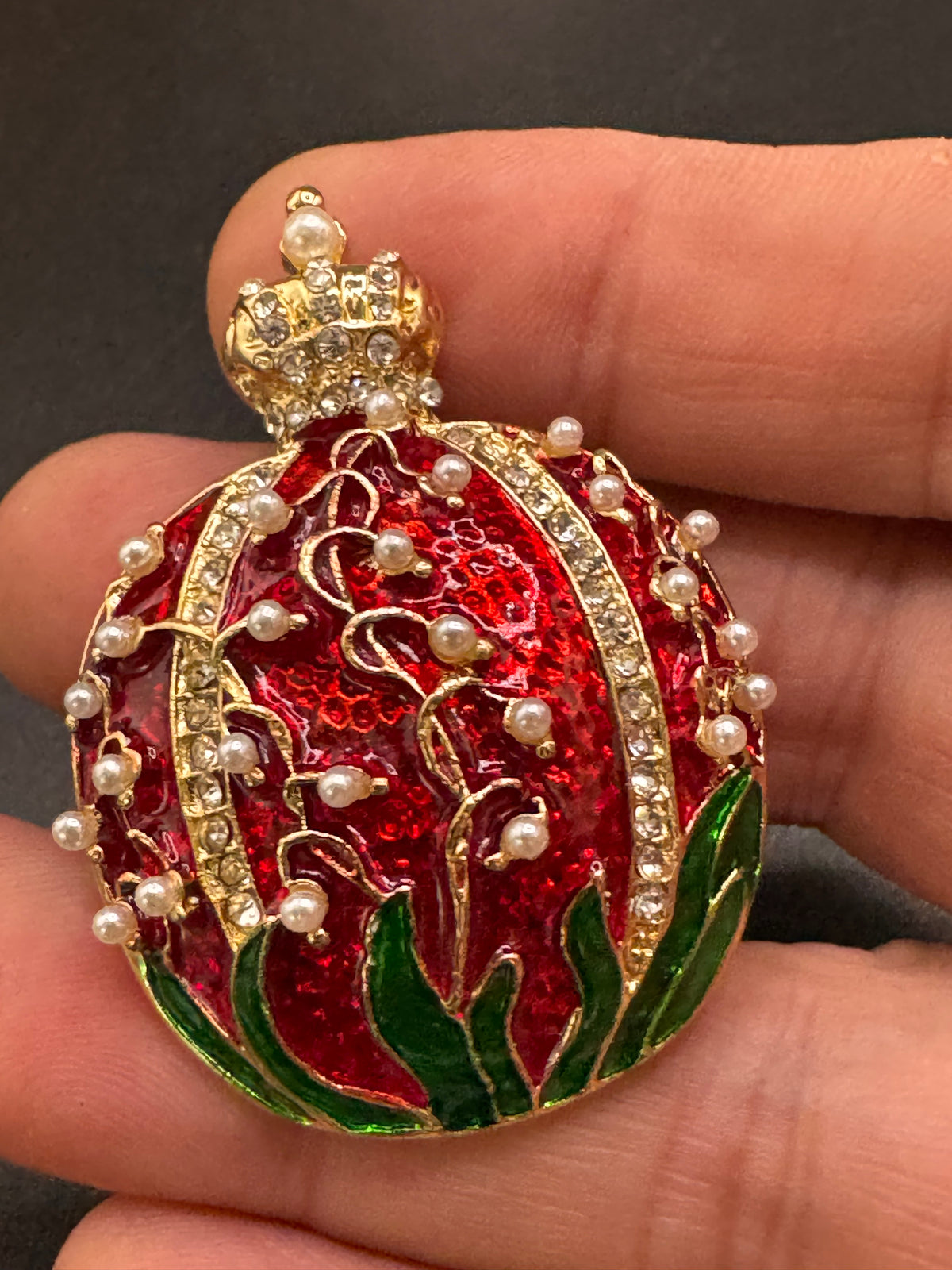 Red enamel Rhinestone pomegranate brooch, gold tone , festive jewellery