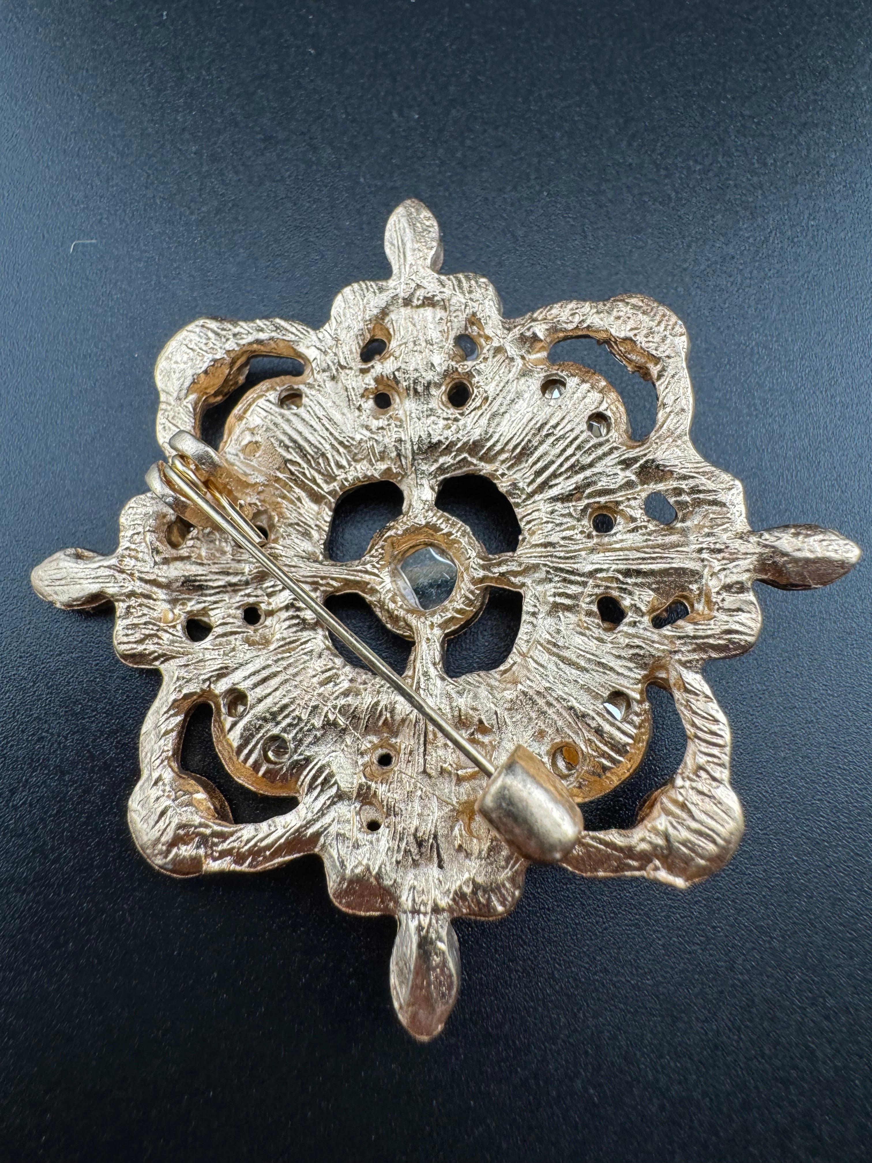 Statement Medieval style gold emerald and sapphire rhinestone cross brooch