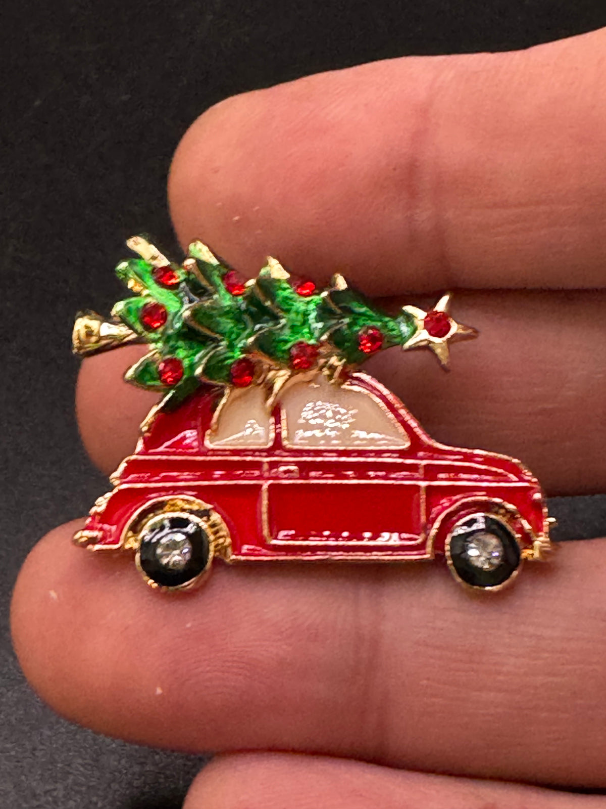 Driving home for Christmas tree brooch, gold tone and enamel  , festive jewellery
