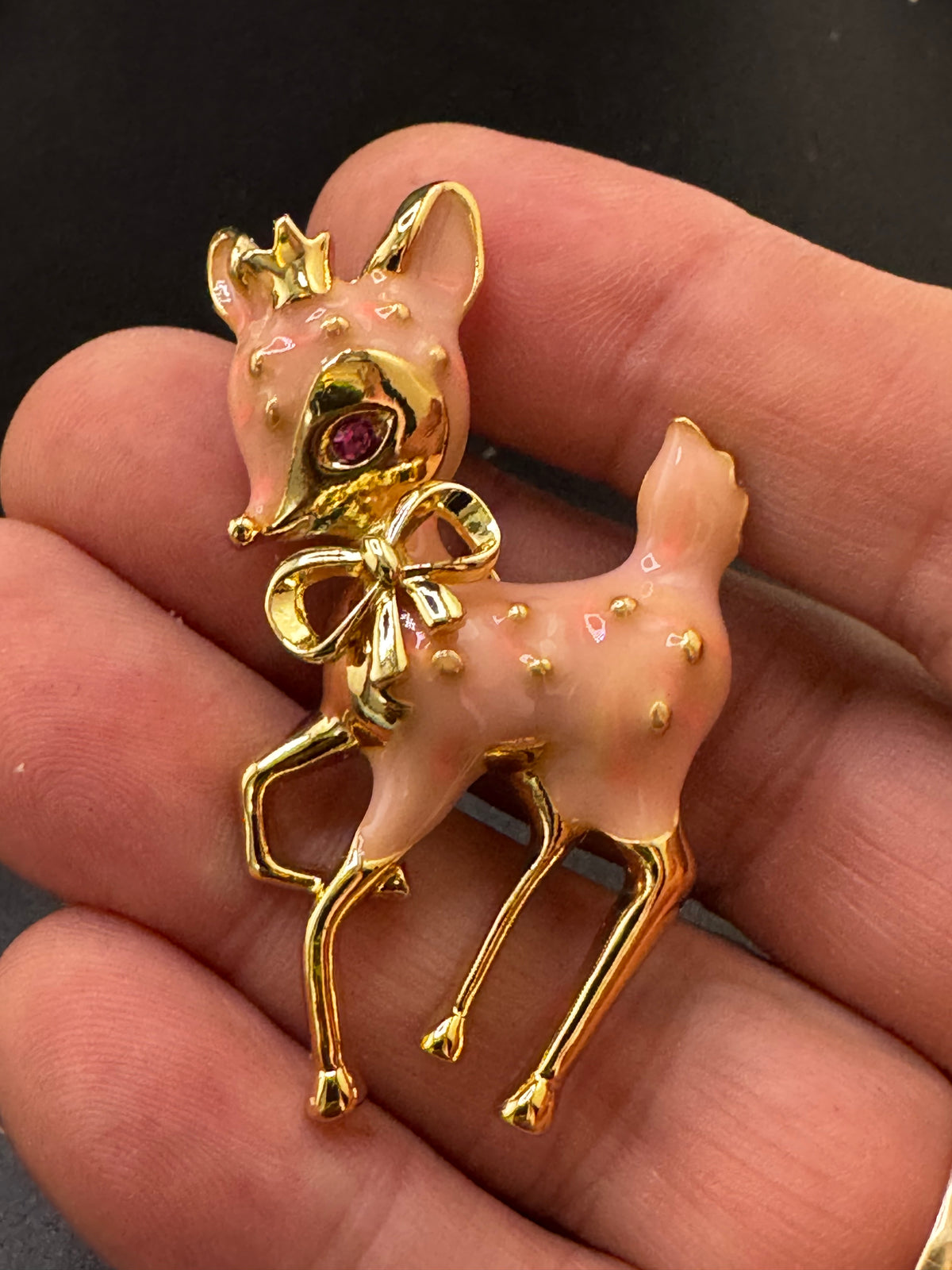 Pink enamel christmas reindeer brooch, gold tone , festive jewellery