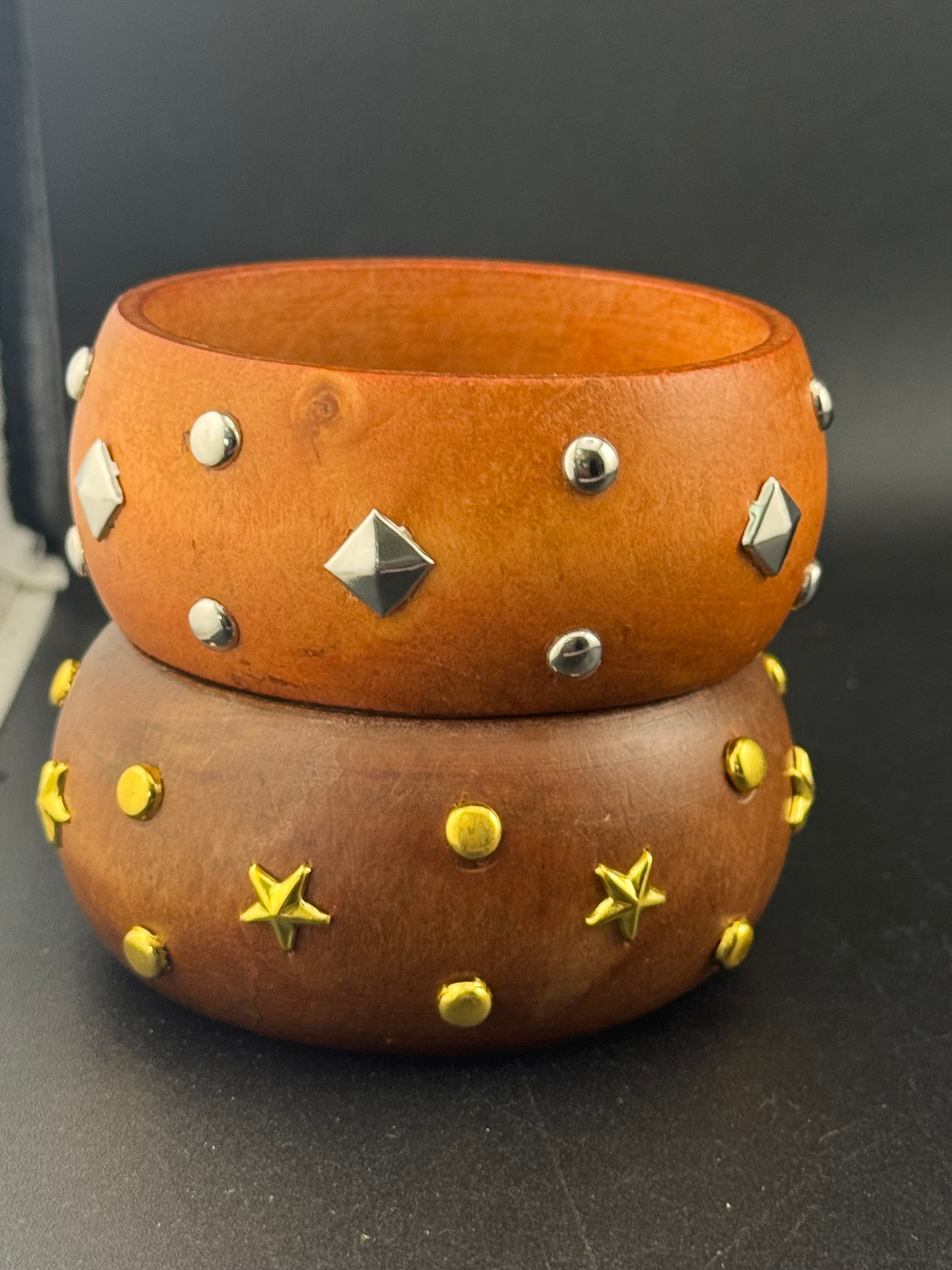 Oversized wide designed silver metal studded wooden bangle