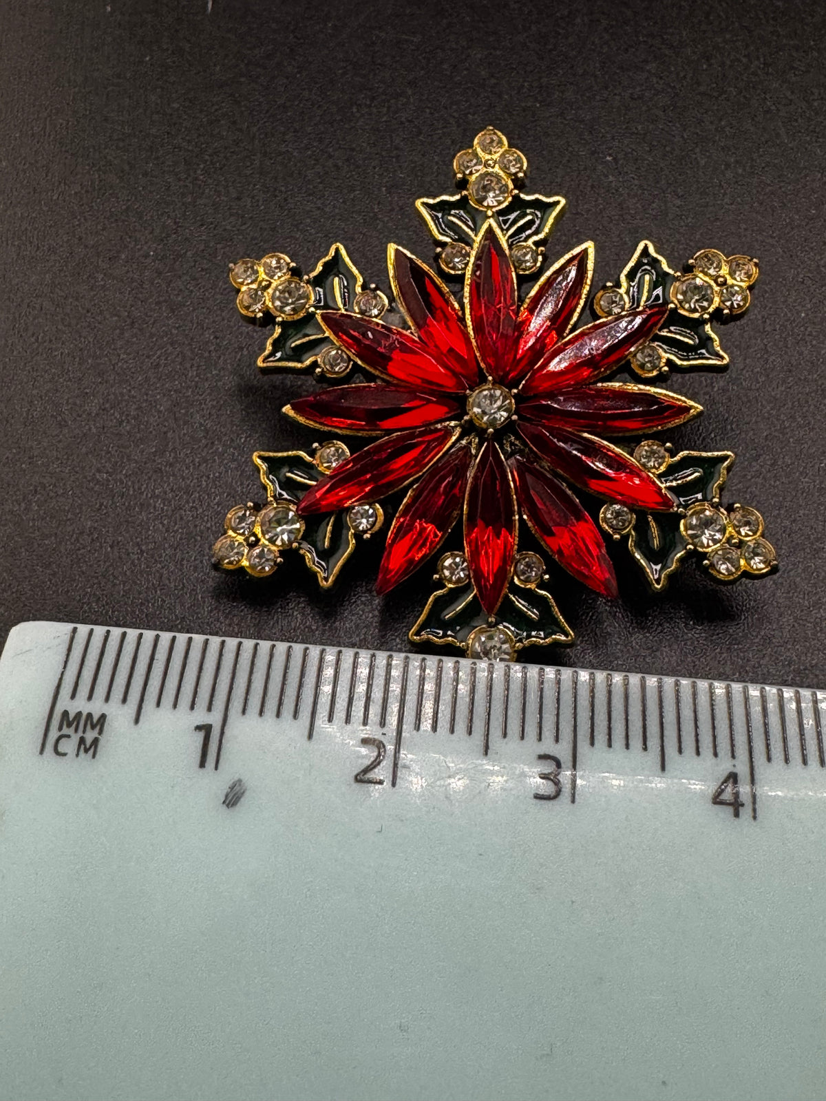 Christmas Poinsettia Brooch, Rhinestone Flower, Red Green Gold Tone