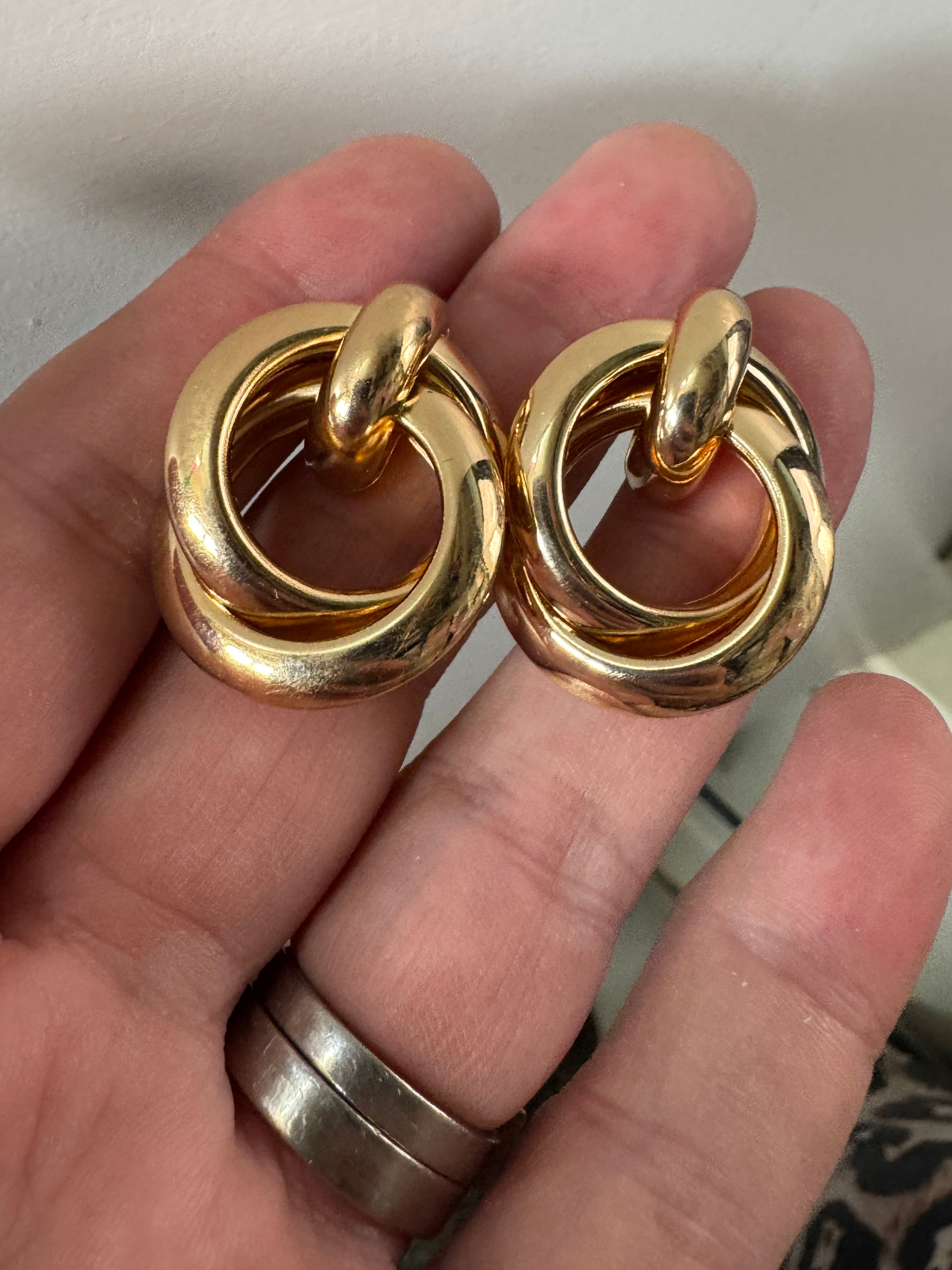Gold tube door knocker knot stud earrings