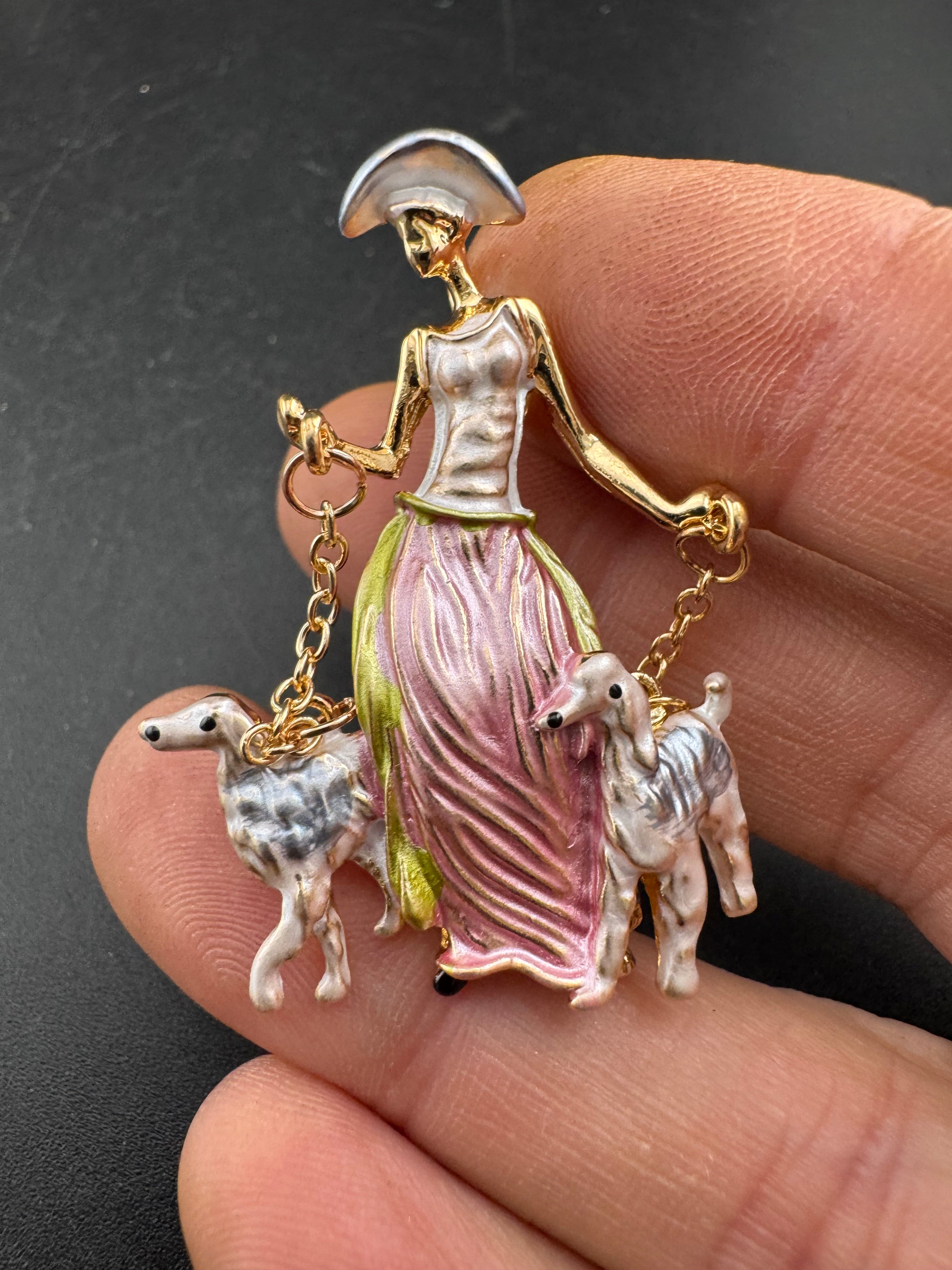 Pink art deco lady with french poodle dogs on leads brooch