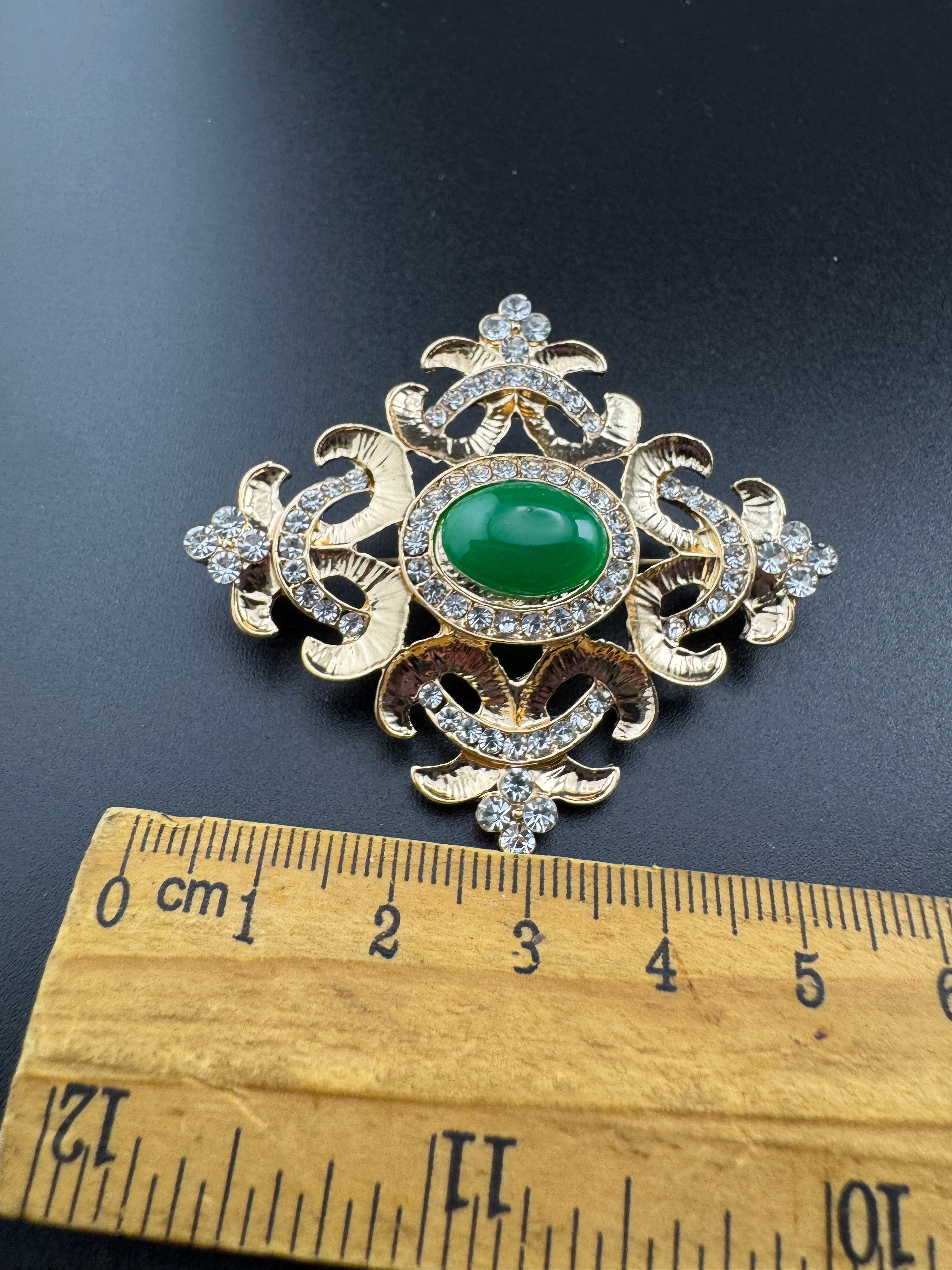 Statement Medieval style gold emerald cabochon rhinestone cross brooch