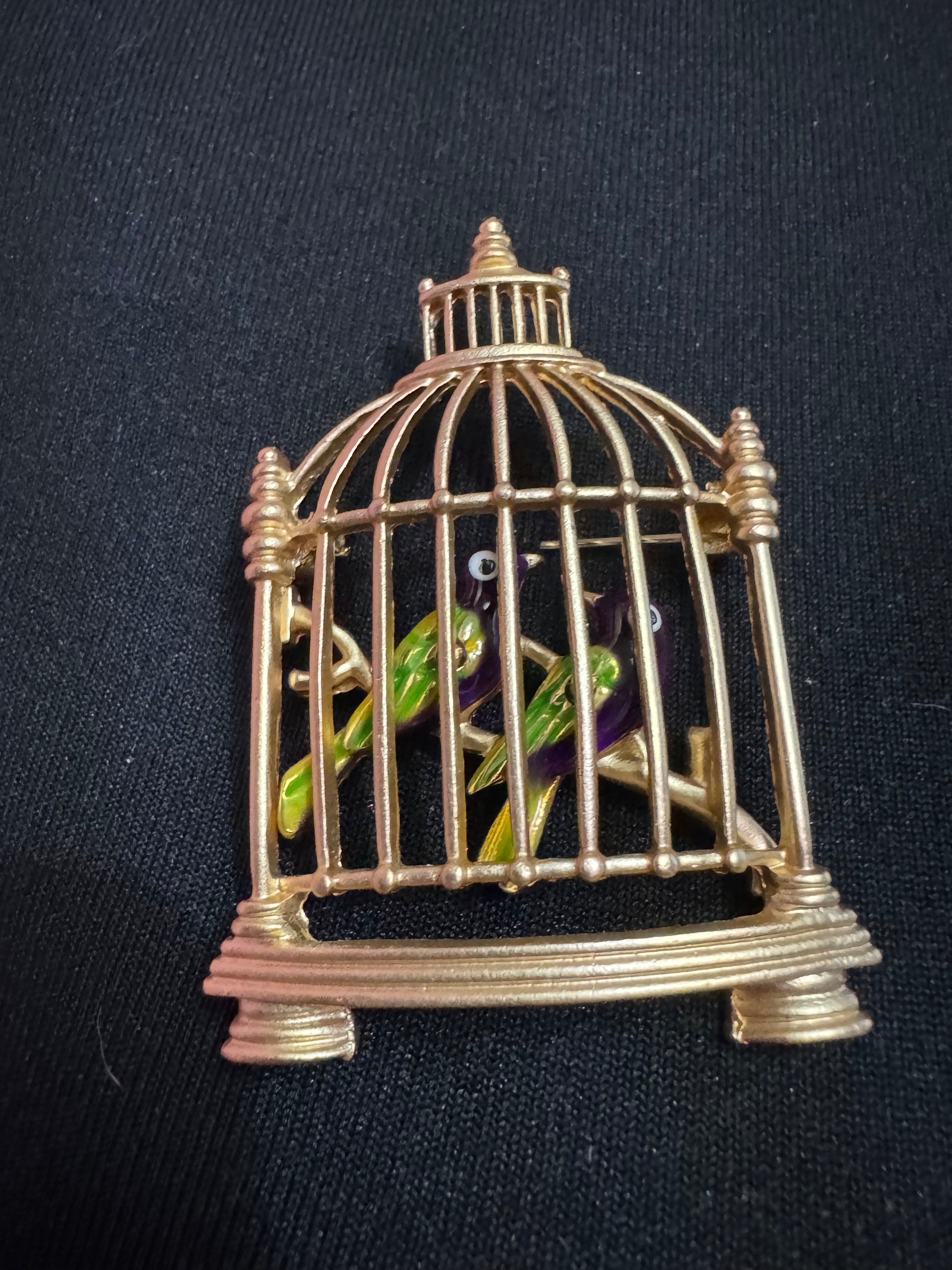 Novelty Green enamel birds in a cage gold tone large brooch
