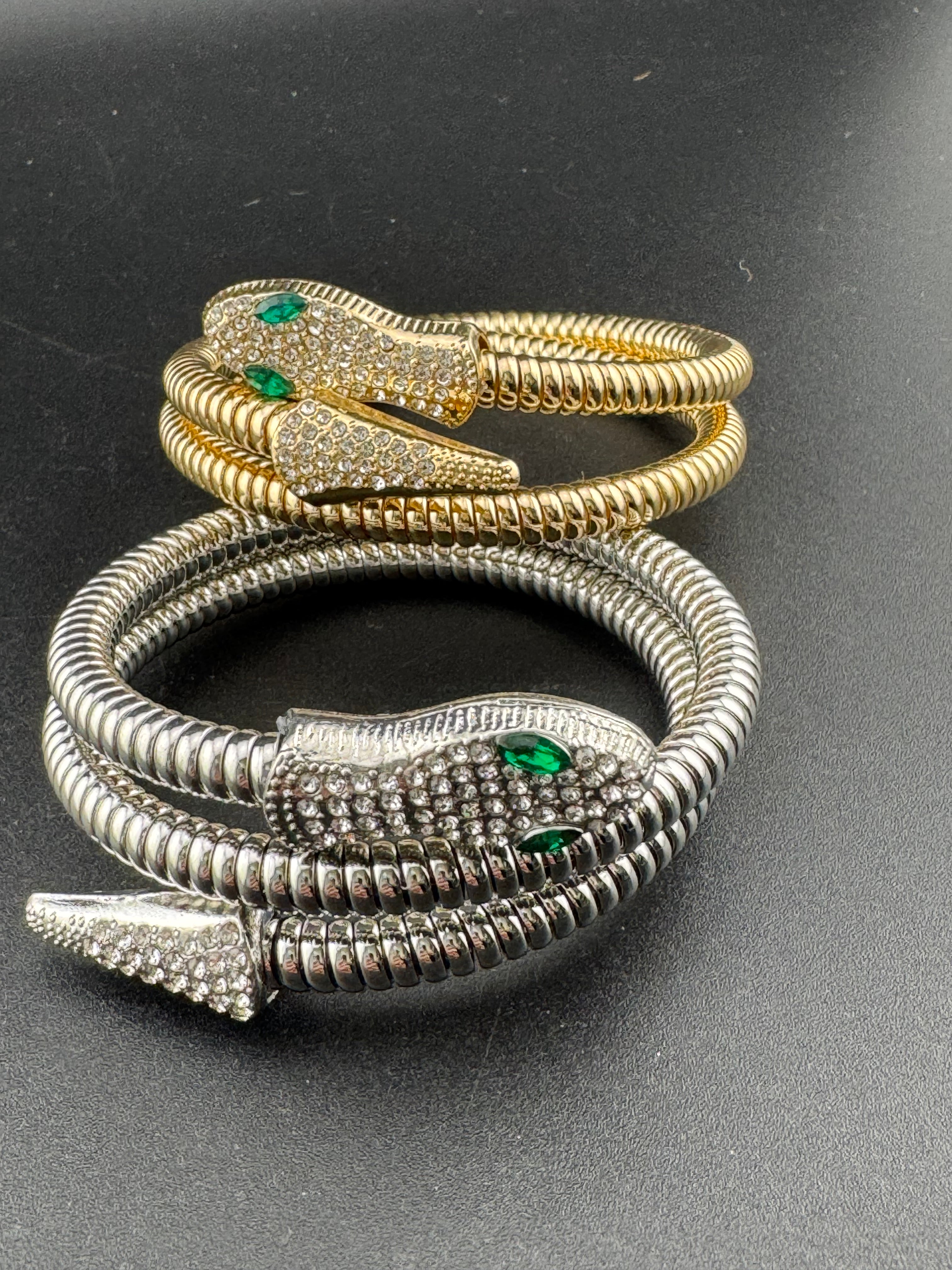 Silver crystal bendy wrap around snake bracelet with emerald eyes