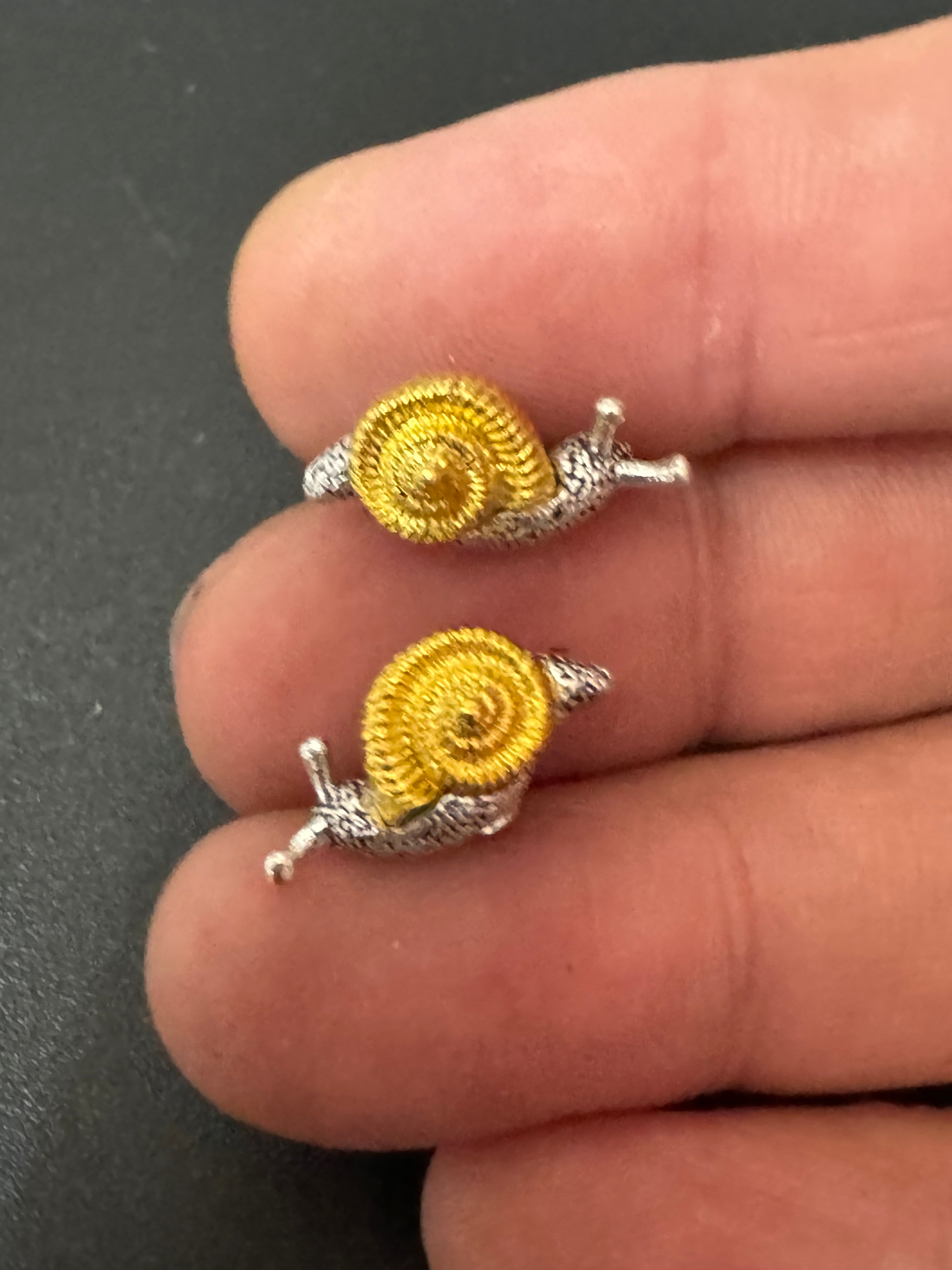 Small cute snail stud earrings for pierced ears gold and silver tone