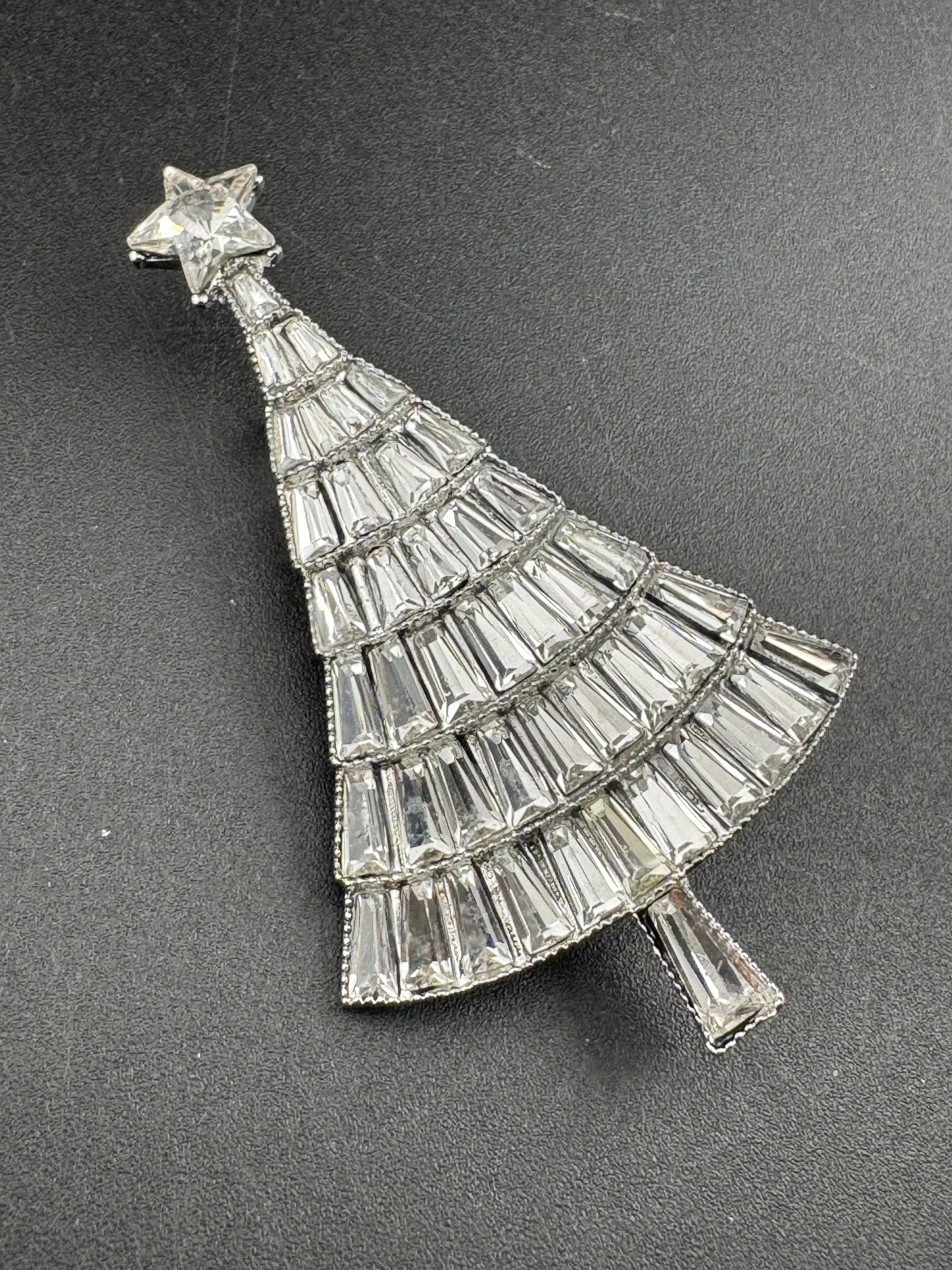 Baguette Crystal diamanté Christmas tree brooch, silver