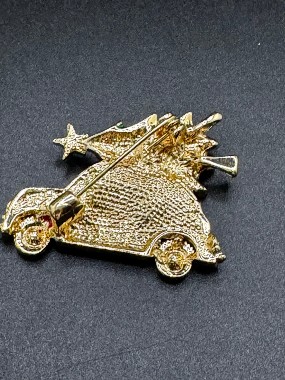 Driving home for Christmas tree brooch, gold tone and enamel  , festive jewellery