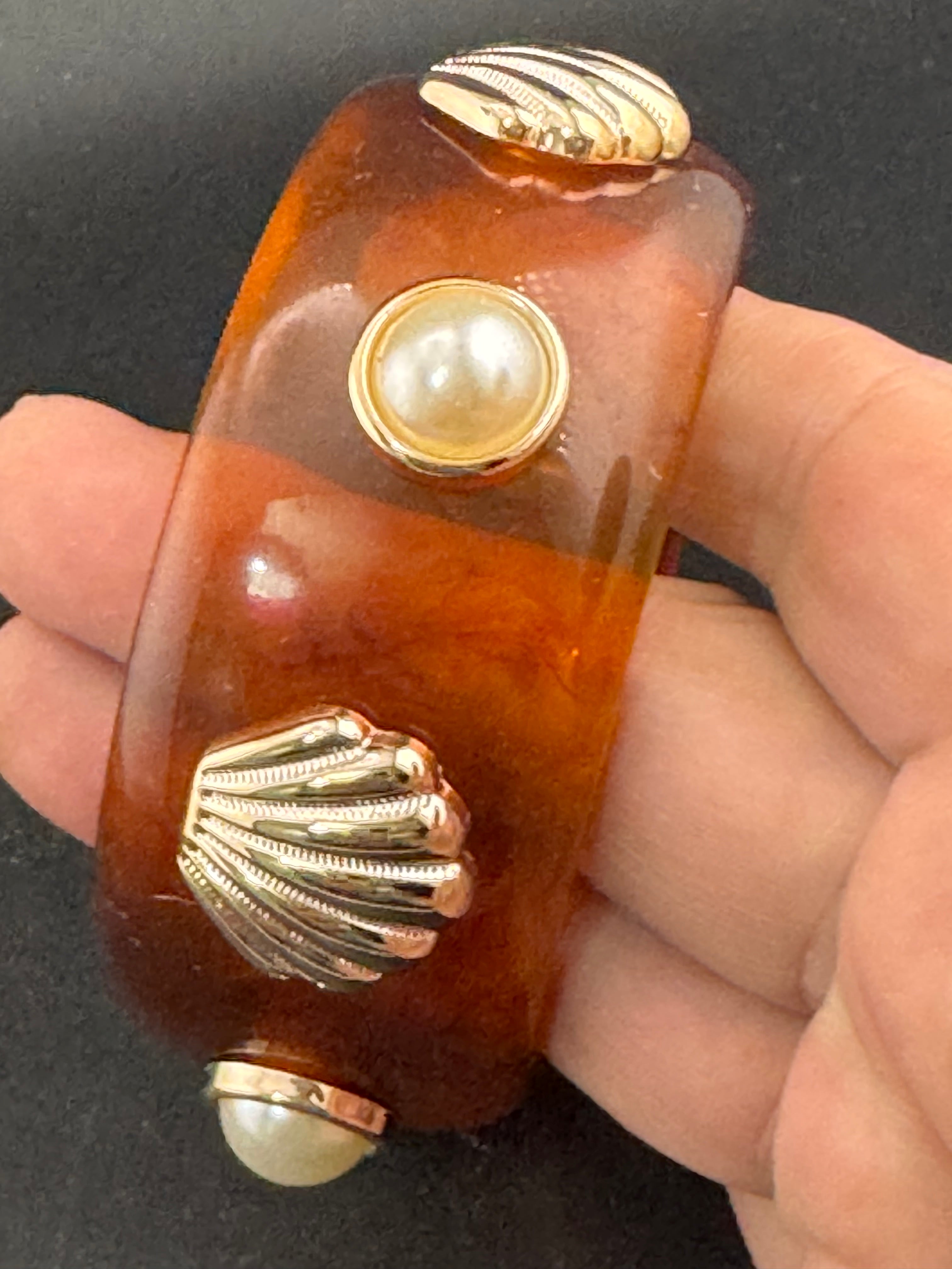 Nautical gold seashell faux tortoiseshell wide brown acrylic pearl plastic bangle bracelet