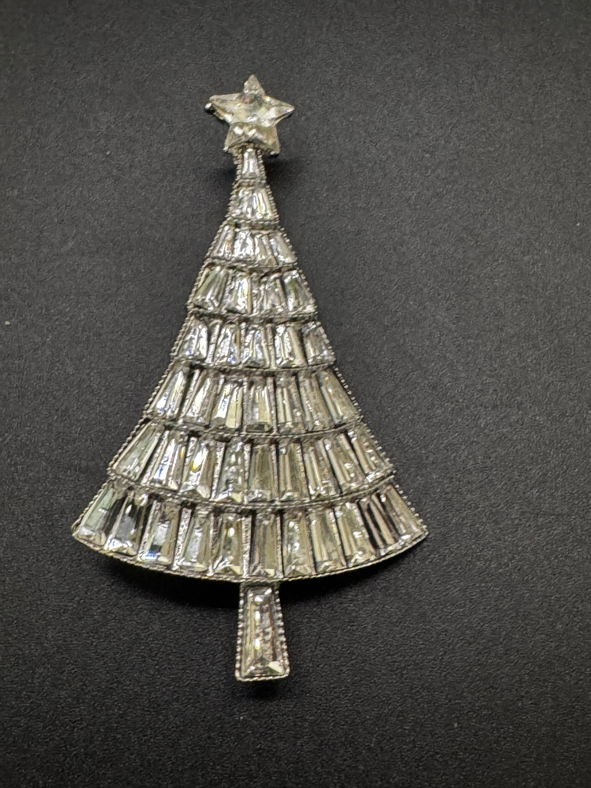 Rhinestone Christmas tree brooch, silver tone , festive jewellery