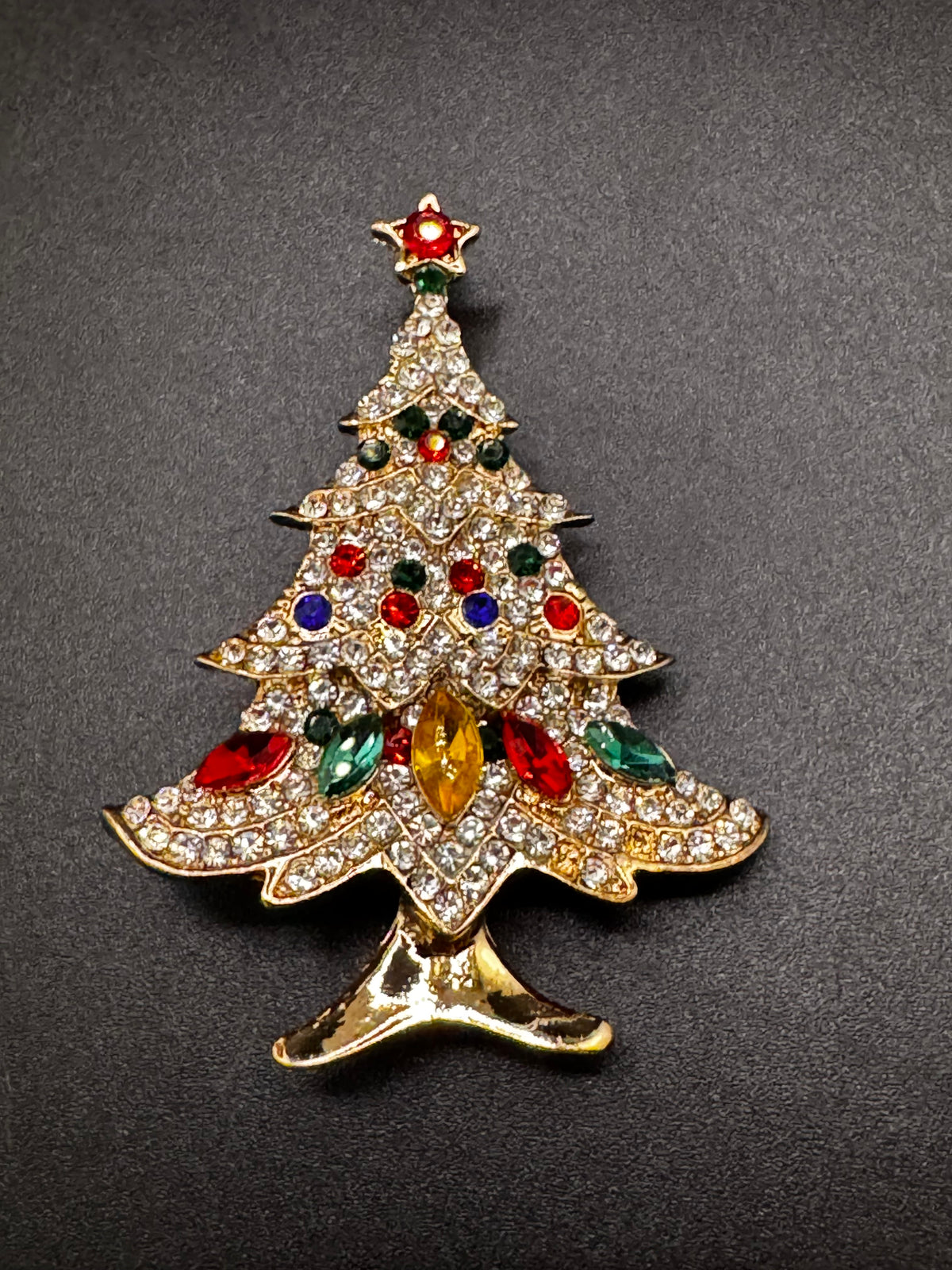 Coloured Rhinestone Christmas tree brooch, gold tone , festive jewellery