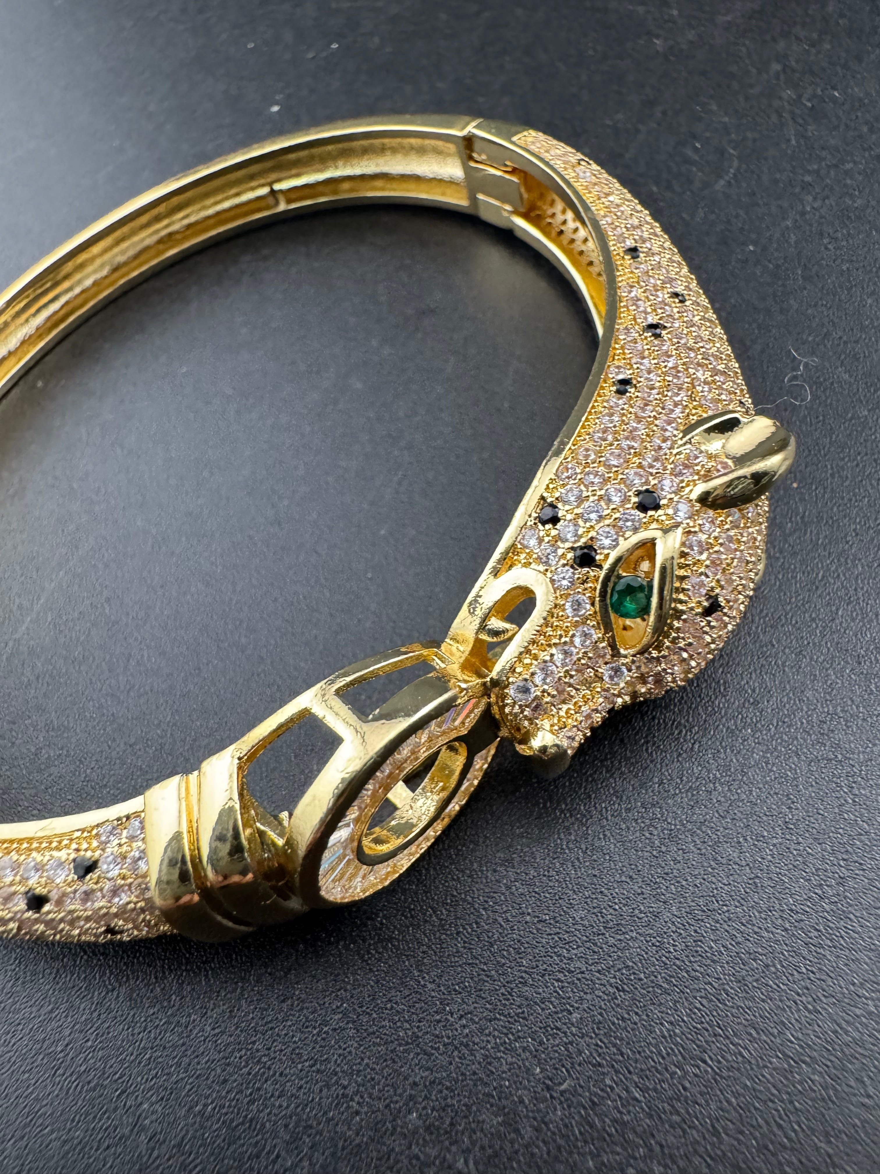 Classic big cat gold baguette rhinestone Crystal Leopard clamper Bangle Animal Bracelets