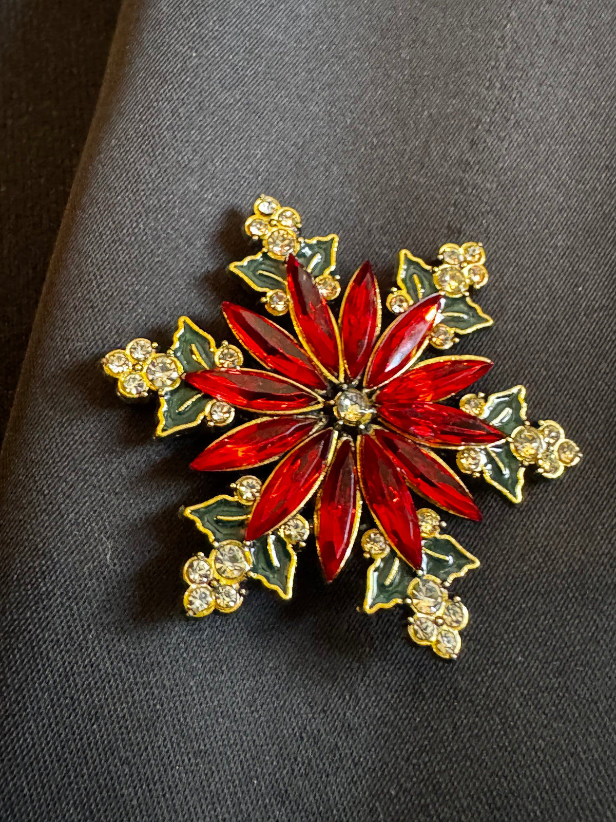 Christmas Poinsettia Brooch, Rhinestone Flower, Red Green Gold Tone