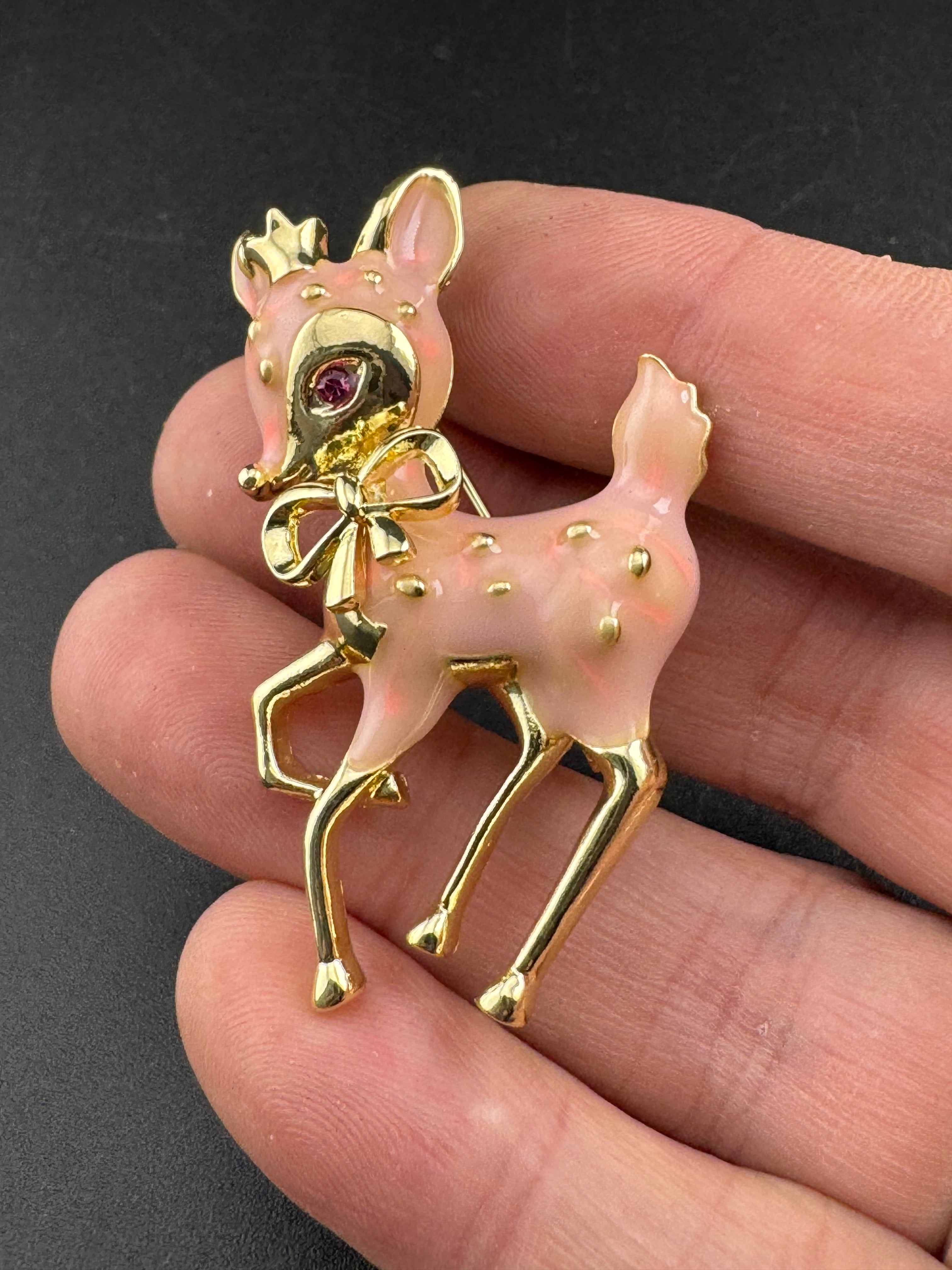 Cute pink Enamel deer Fawn Christmas brooch , woodland animal
