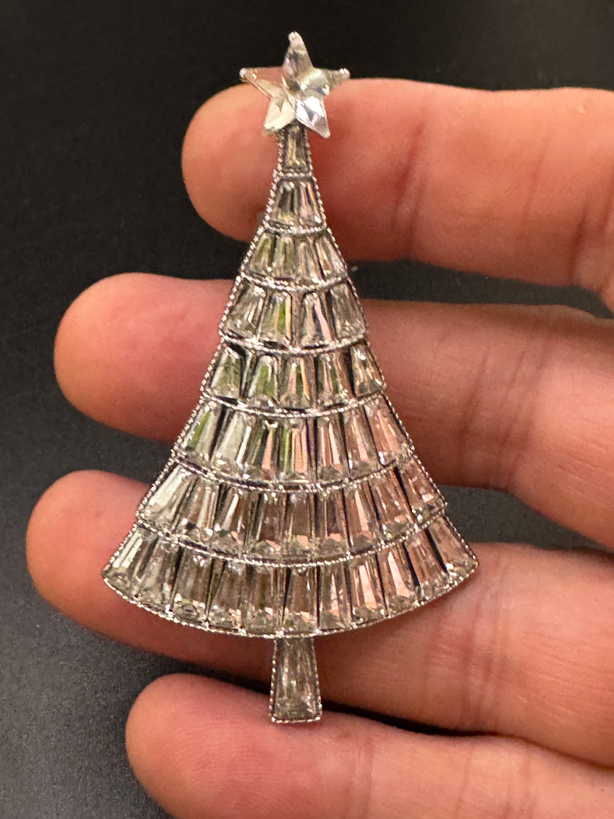 Rhinestone Christmas tree brooch, silver tone , festive jewellery