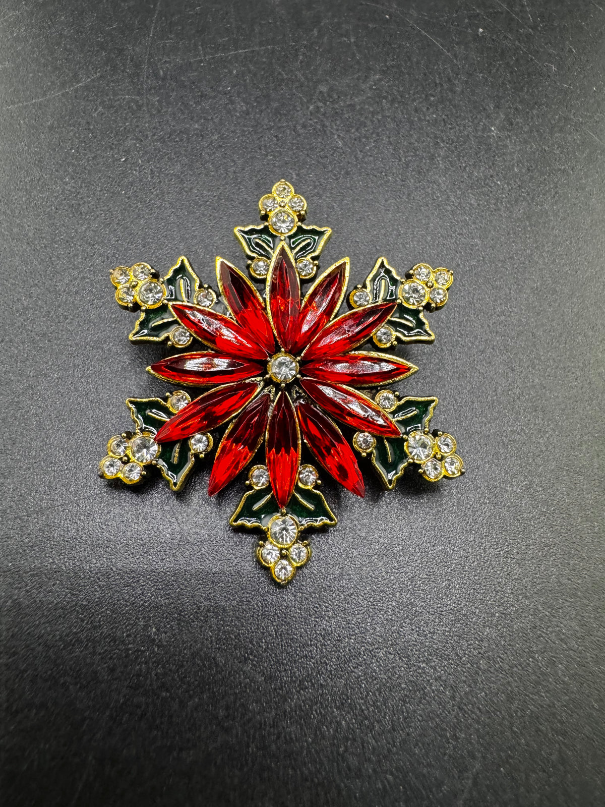 Christmas Poinsettia Brooch, Rhinestone Flower, Red Green Gold Tone