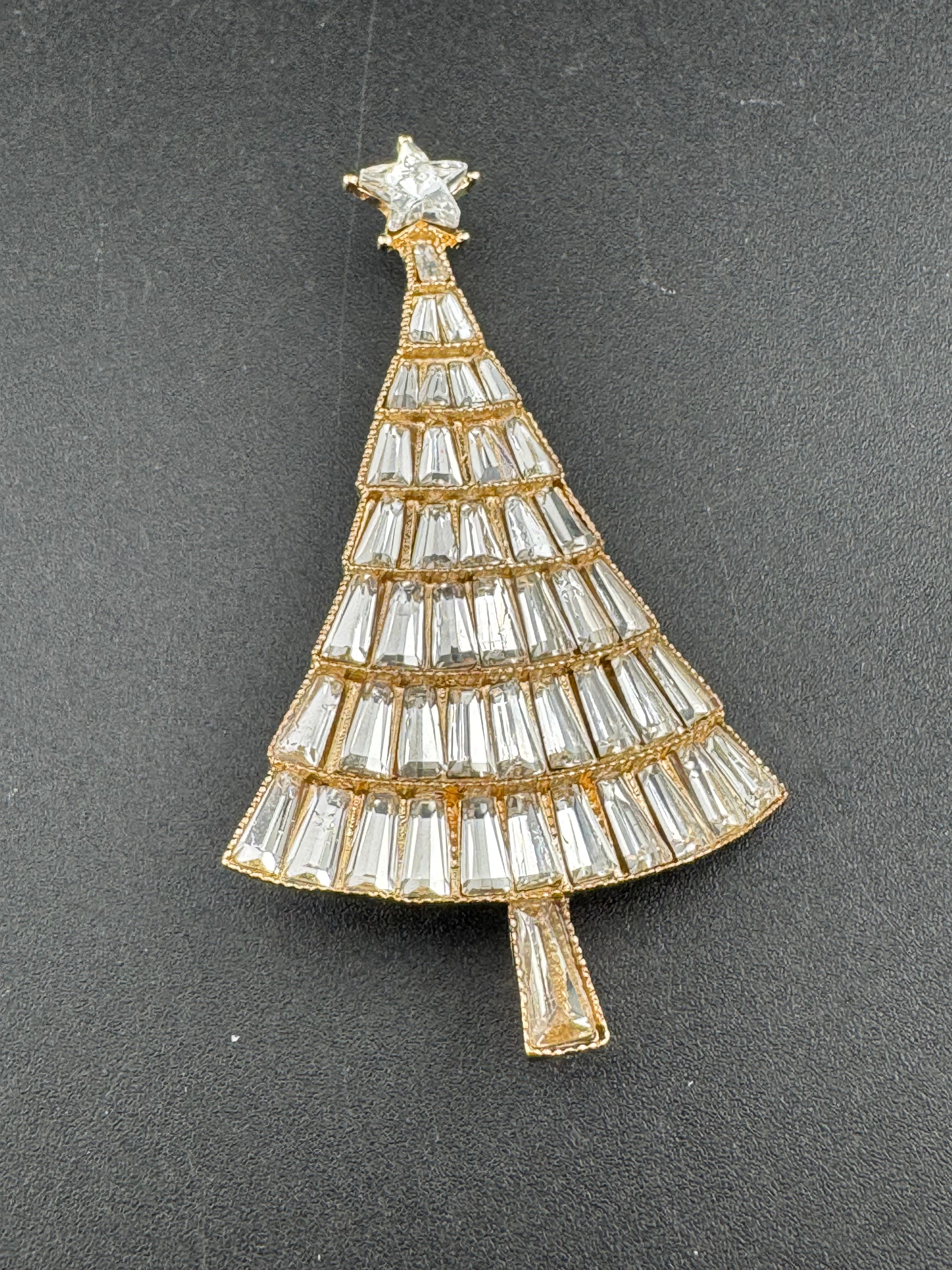 Baguette Crystal diamanté Christmas tree brooch, gold