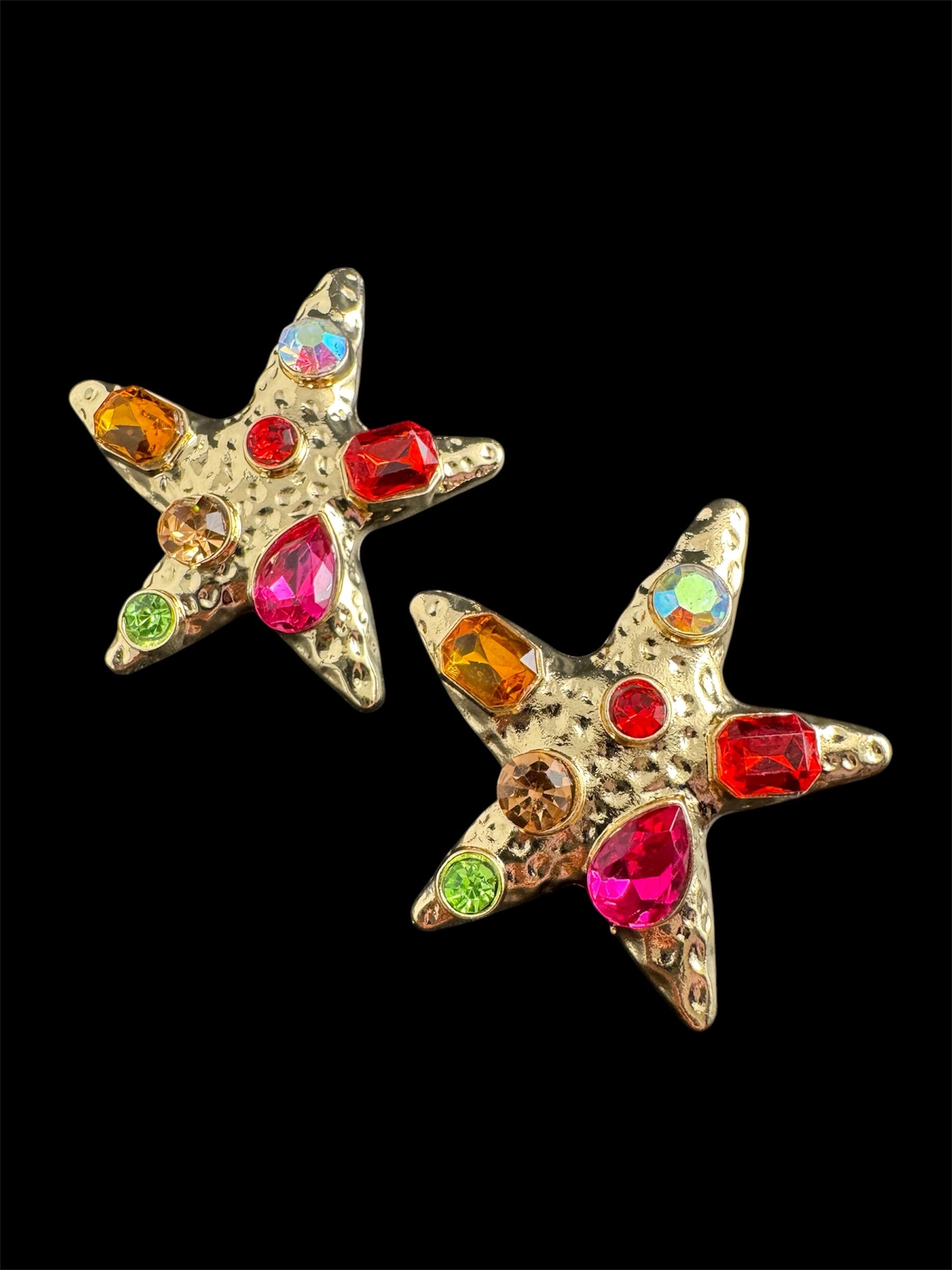 Oversized gold starfish earrings set with rainbow crystals, nautical jewellery